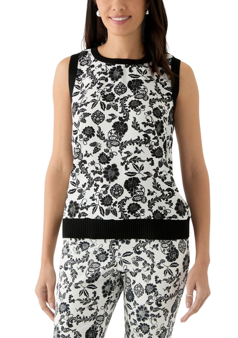 Womens Floral Print Woven Front Sleeveless Shell Top