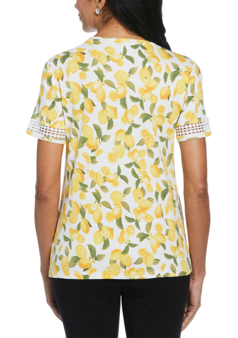 Womens Lemon Print Dot Lace Trim Short Sleeve T-Shirt 