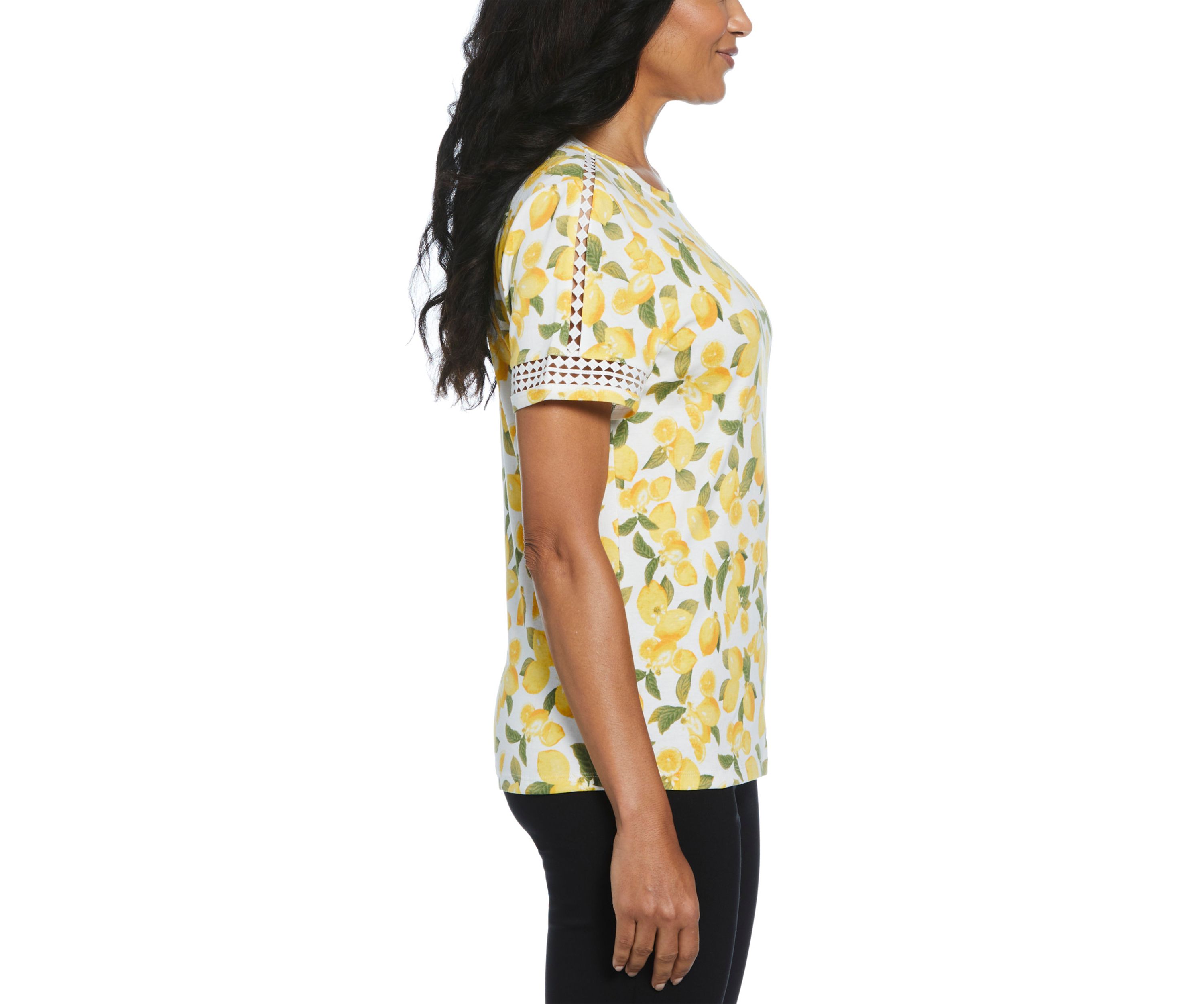 Womens Lemon Print Dot Lace Trim Short Sleeve T-Shirt 