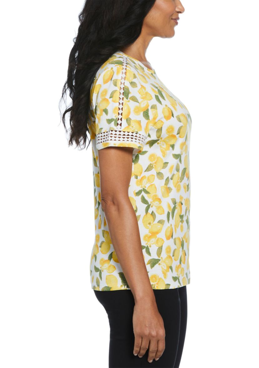Womens Lemon Print Dot Lace Trim Short Sleeve T-Shirt 