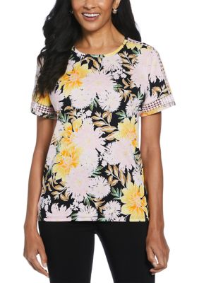 ELLA Rafaella Women's Floral Print Dot Lace Trim Short Sleeve T-Shirt, Black, Small