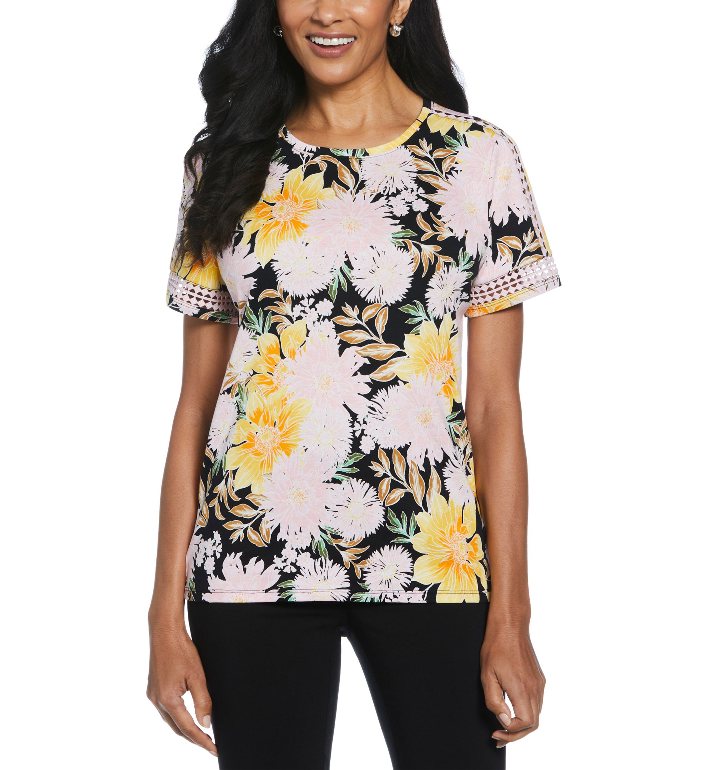 Womens Floral Print Dot Lace Trim Short Sleeve T-Shirt