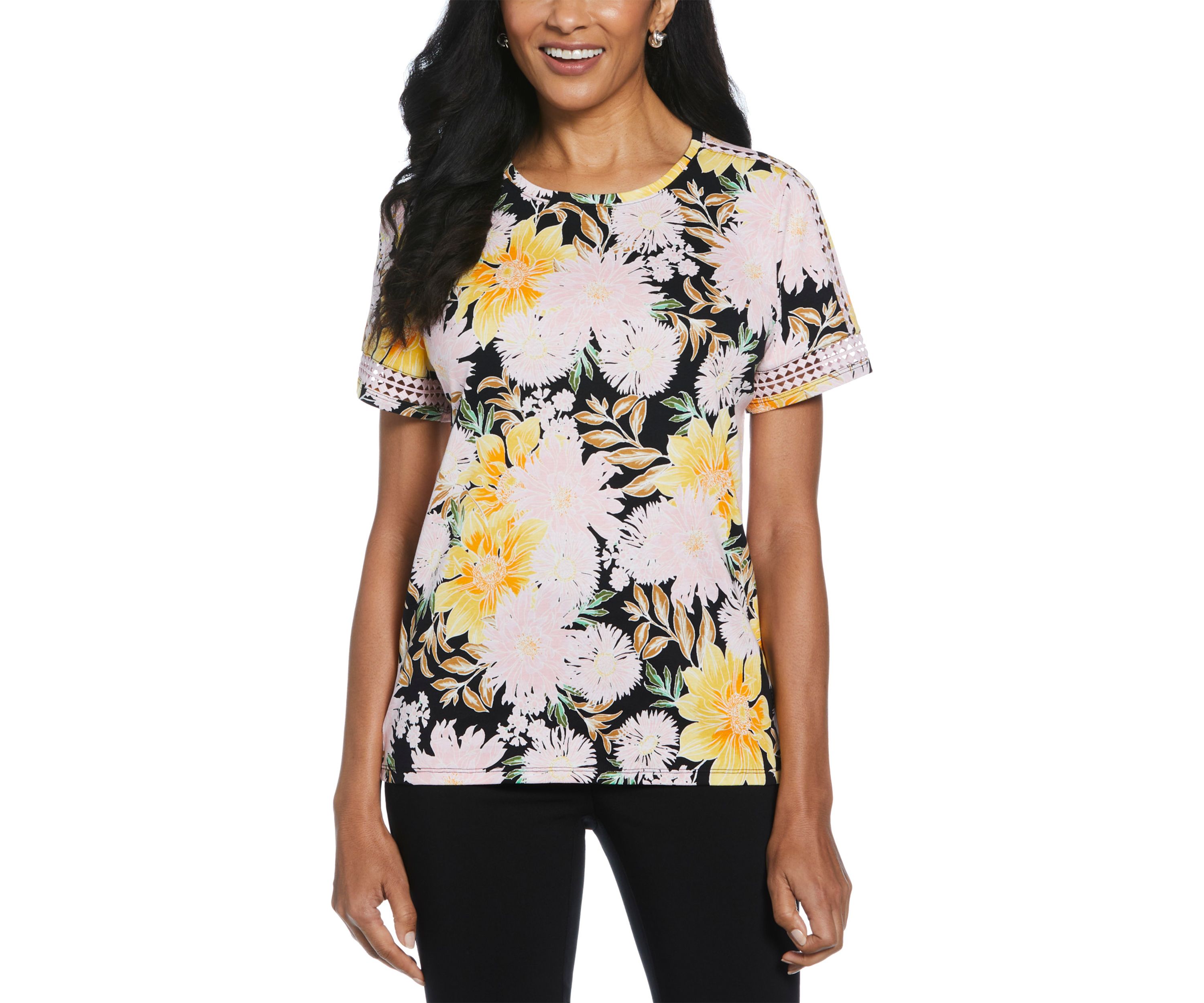 Womens Floral Print Dot Lace Trim Short Sleeve T-Shirt