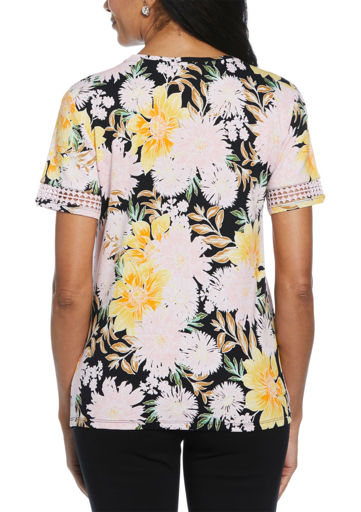 Womens Floral Print Dot Lace Trim Short Sleeve T-Shirt