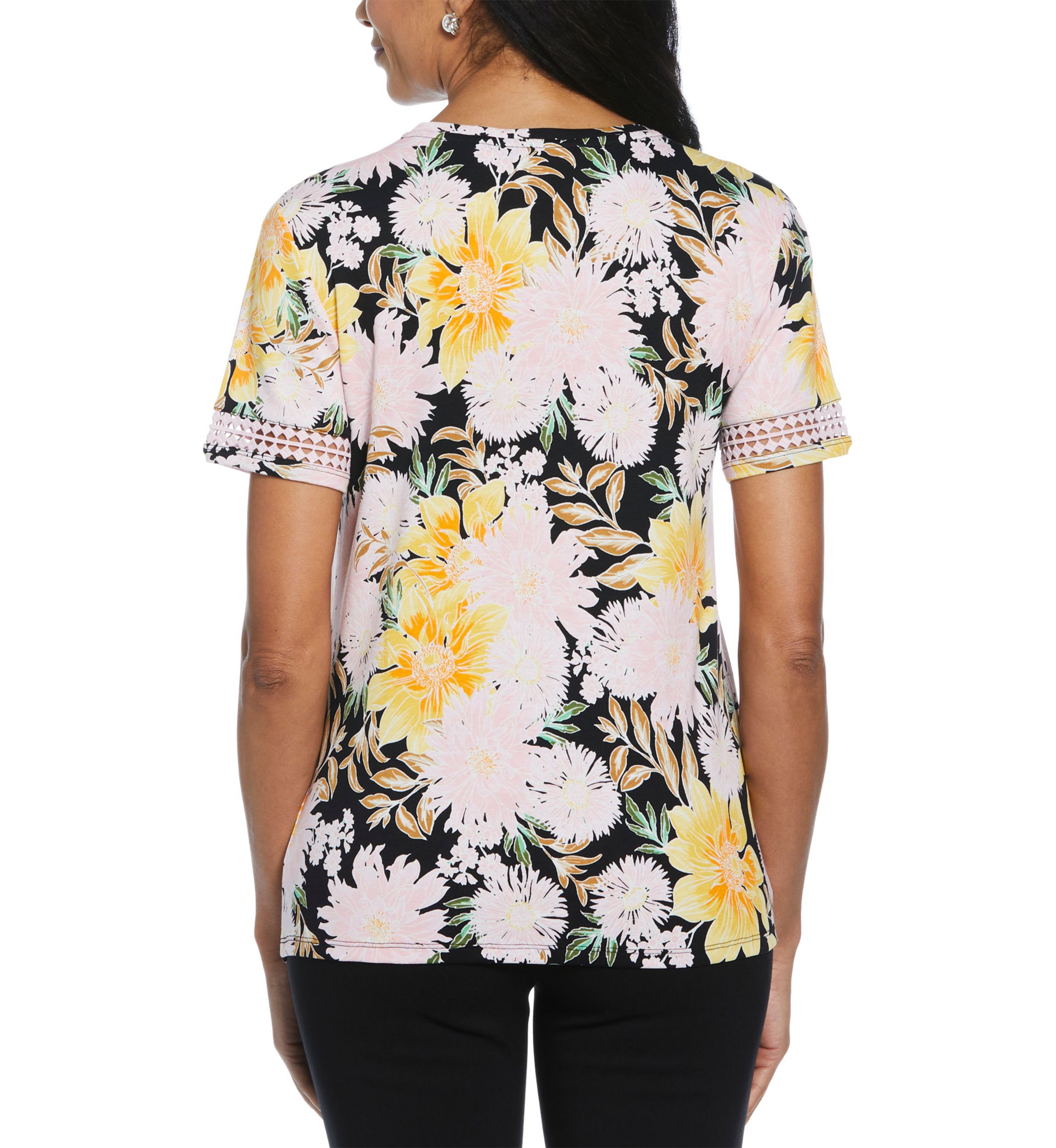 Womens Floral Print Dot Lace Trim Short Sleeve T-Shirt