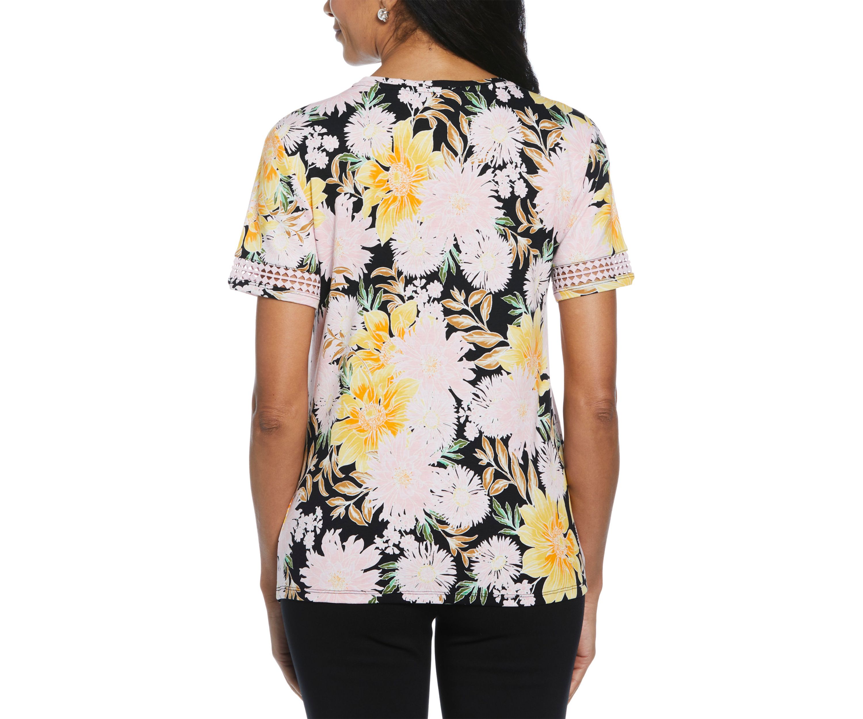 Womens Floral Print Dot Lace Trim Short Sleeve T-Shirt