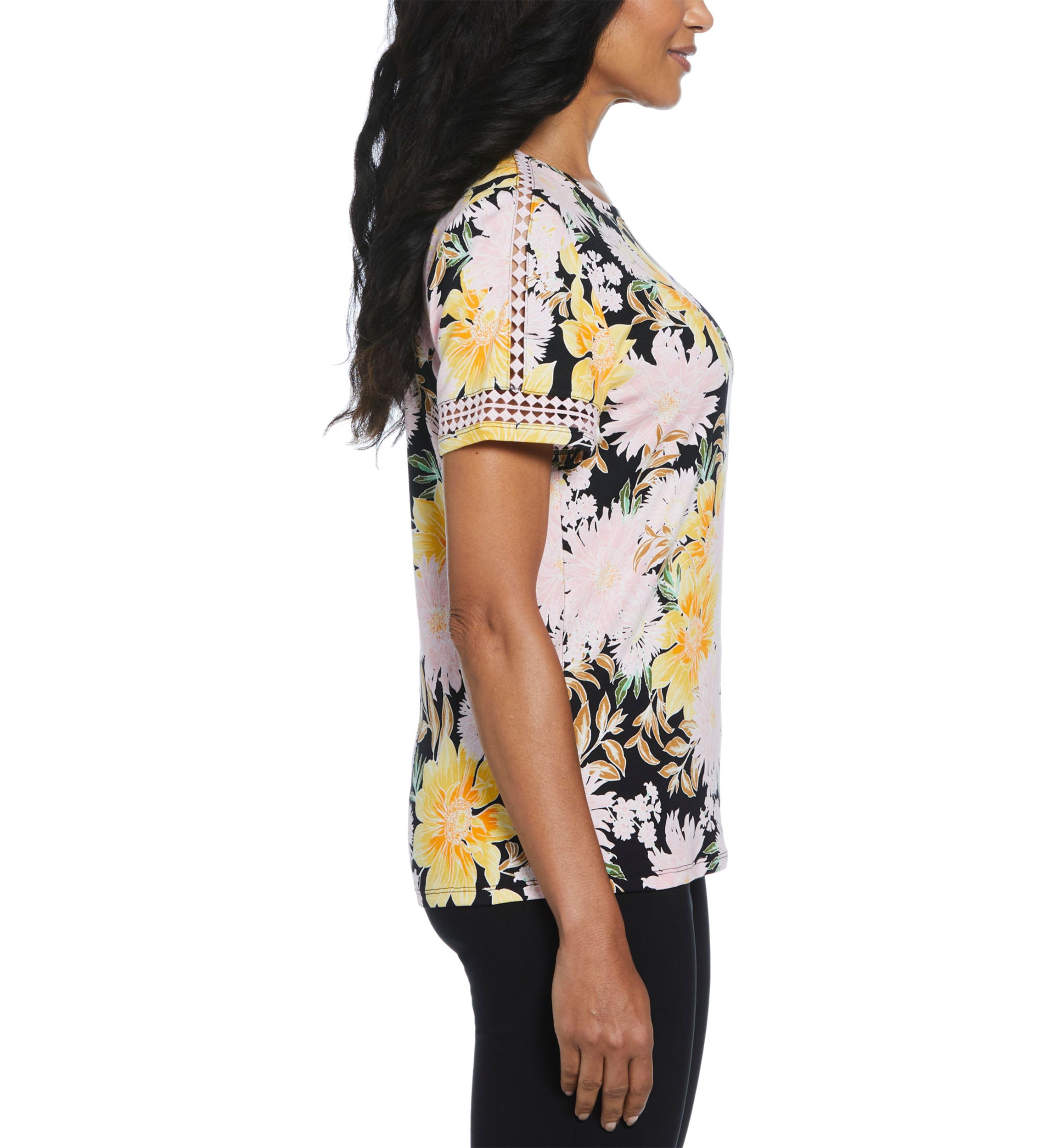 Womens Floral Print Dot Lace Trim Short Sleeve T-Shirt
