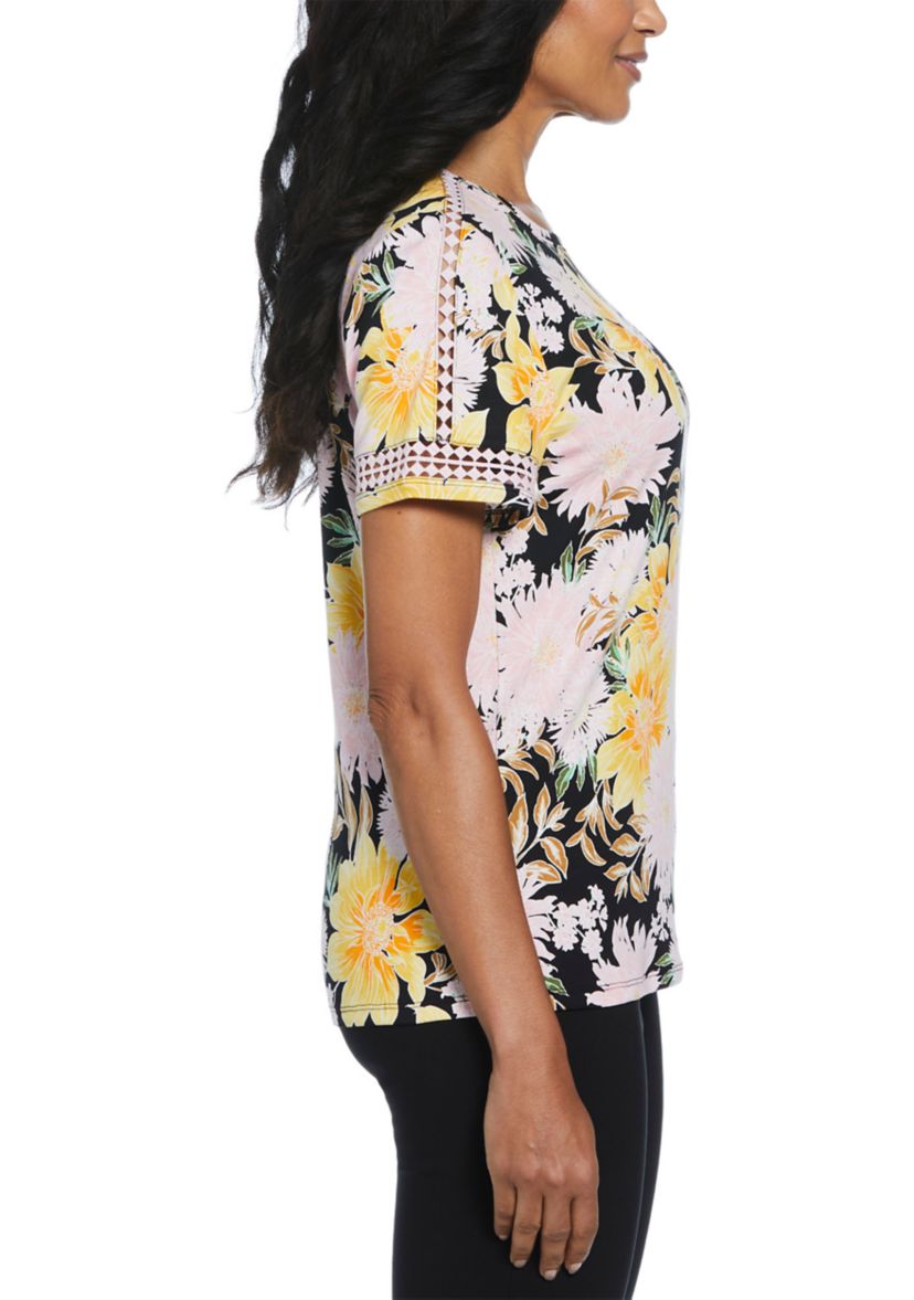 Womens Floral Print Dot Lace Trim Short Sleeve T-Shirt
