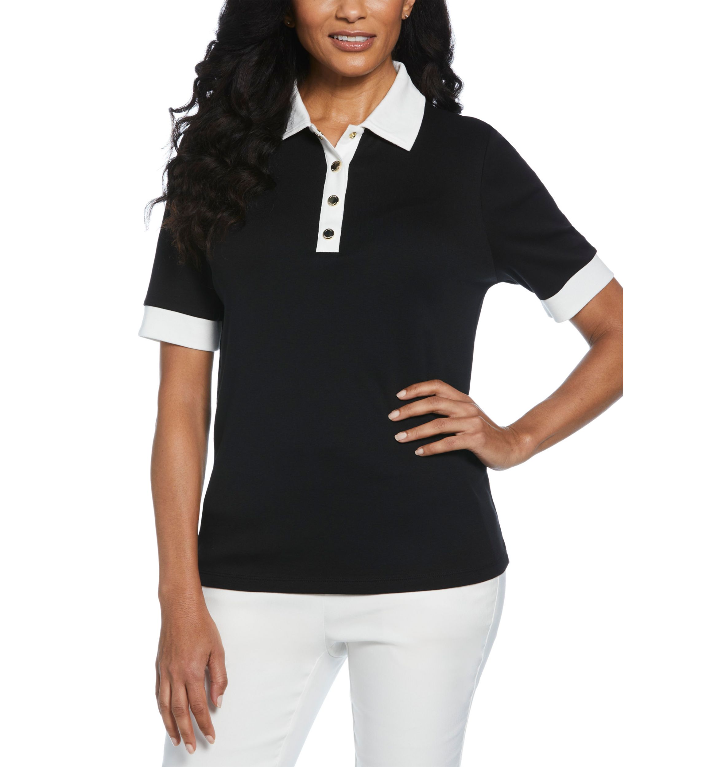 Womens Buttoned Elbow Length Sleeve Polo Shirt