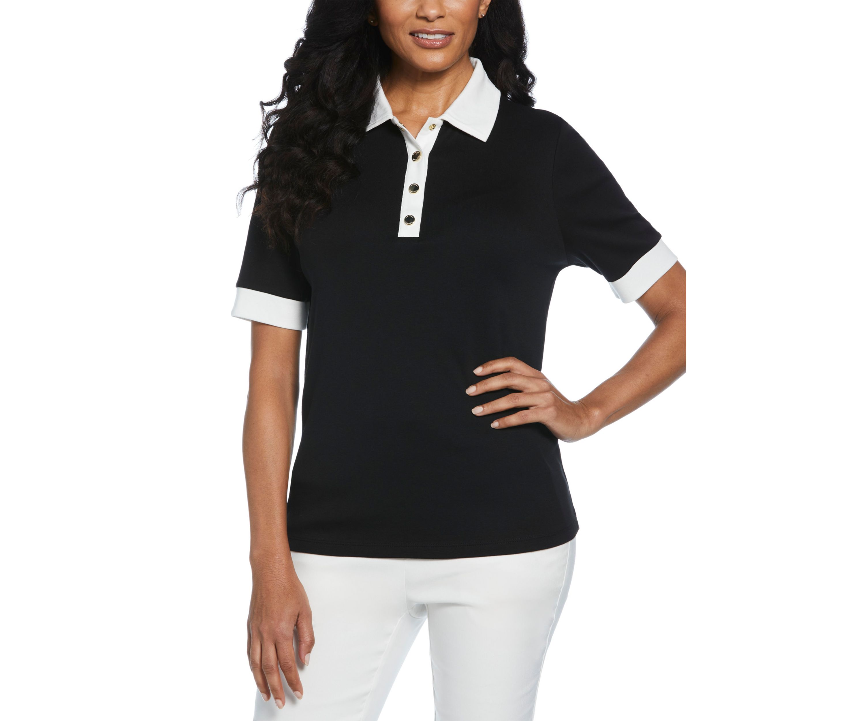 Womens Buttoned Elbow Length Sleeve Polo Shirt