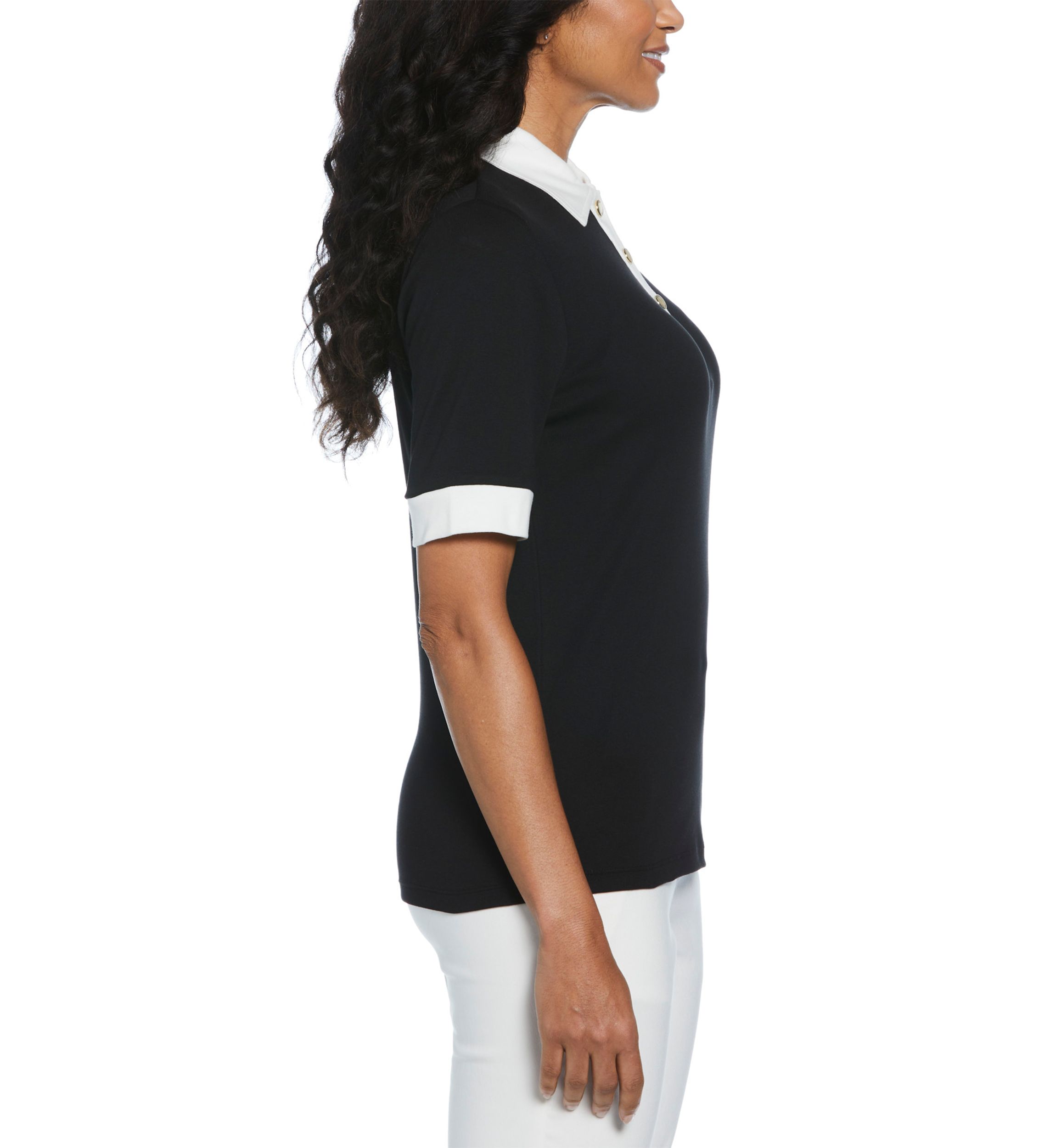 Womens Buttoned Elbow Length Sleeve Polo Shirt