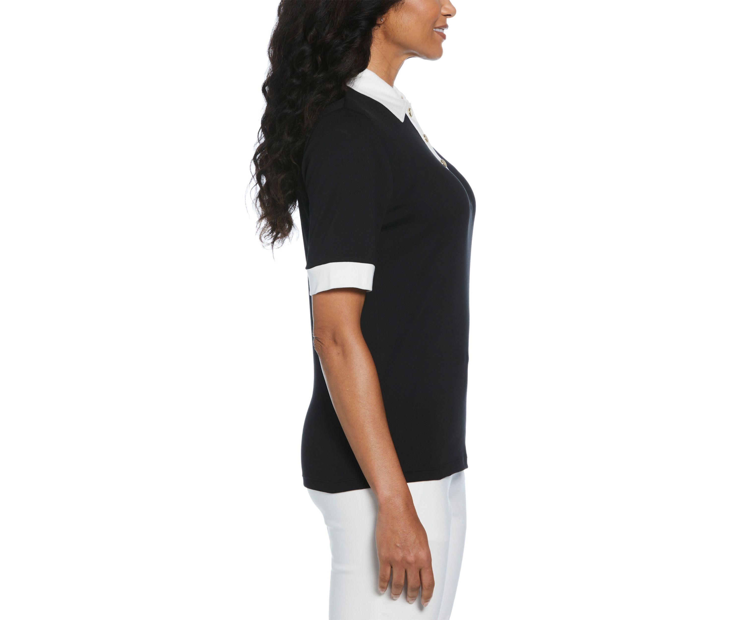 Womens Buttoned Elbow Length Sleeve Polo Shirt
