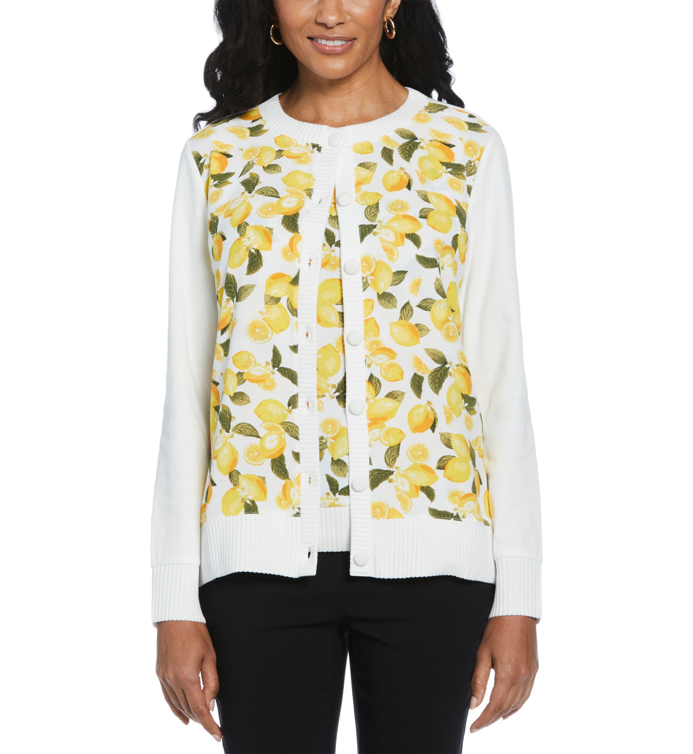 Womens Lemon Print Woven Front Long Sleeve Cardigan