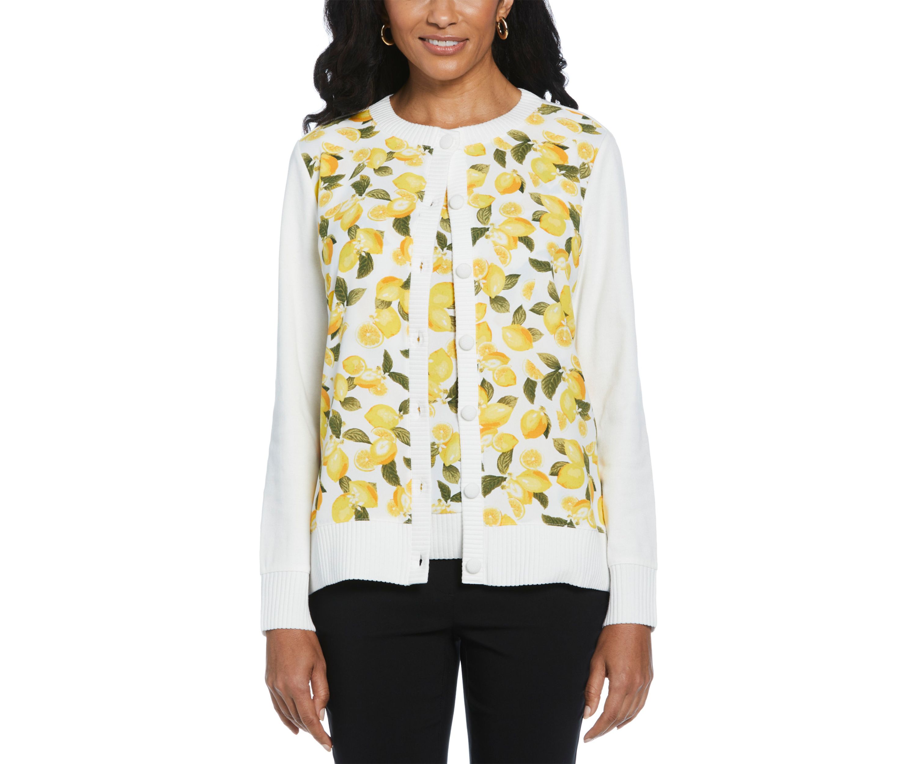 Womens Lemon Print Woven Front Long Sleeve Cardigan