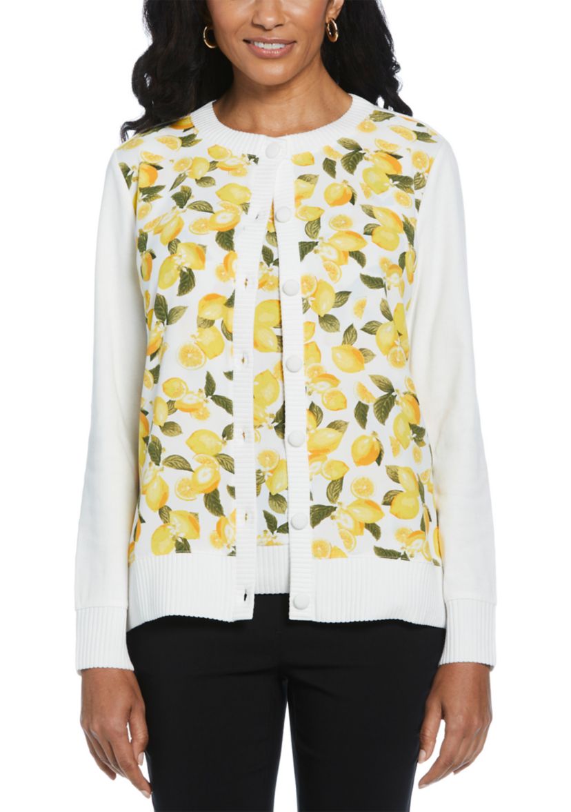Womens Lemon Print Woven Front Long Sleeve Cardigan
