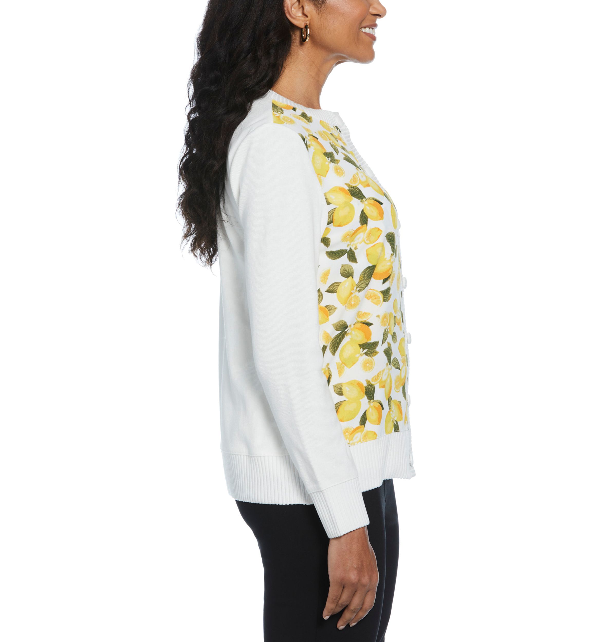 Womens Lemon Print Woven Front Long Sleeve Cardigan