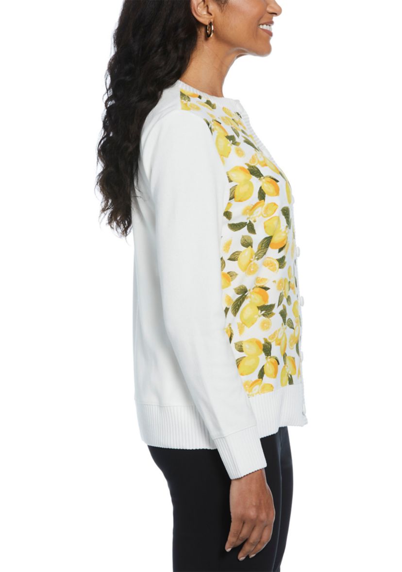 Womens Lemon Print Woven Front Long Sleeve Cardigan