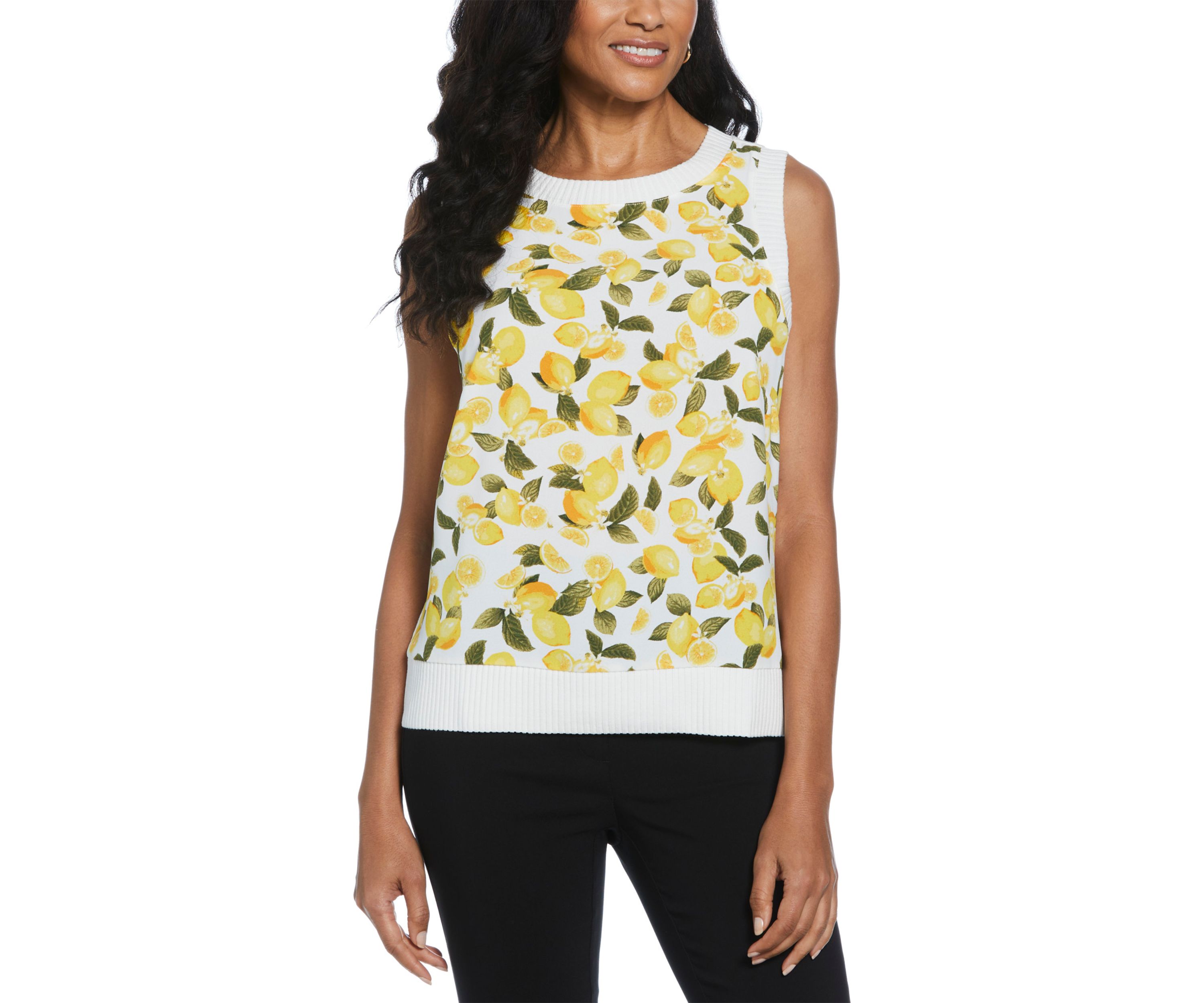 Womens Lemon Print Woven Front Sleeveless Shell Top