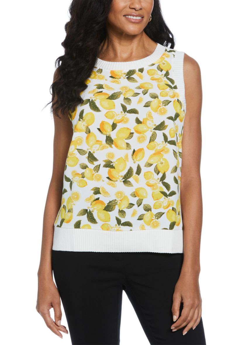Womens Lemon Print Woven Front Sleeveless Shell Top