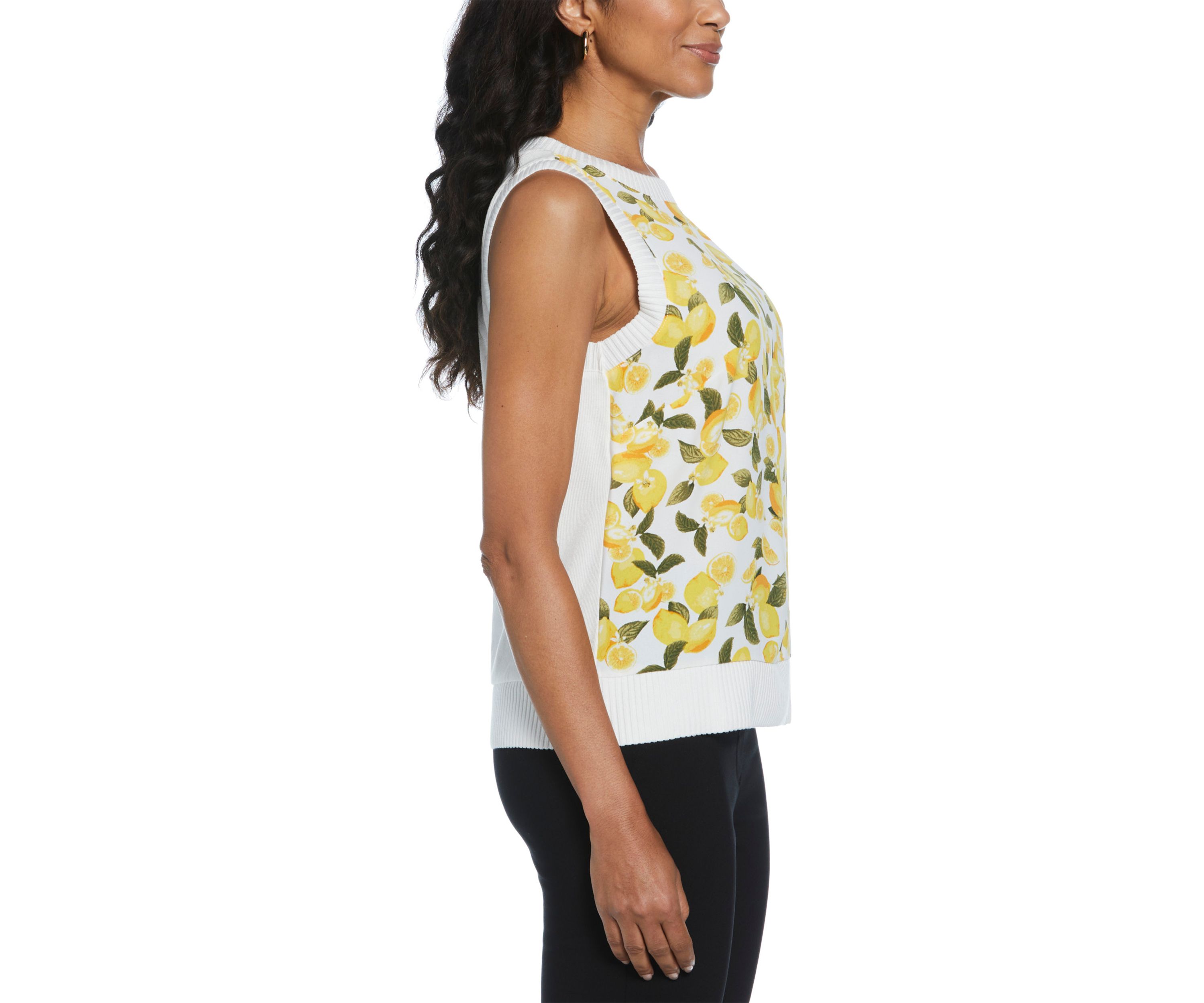 Womens Lemon Print Woven Front Sleeveless Shell Top