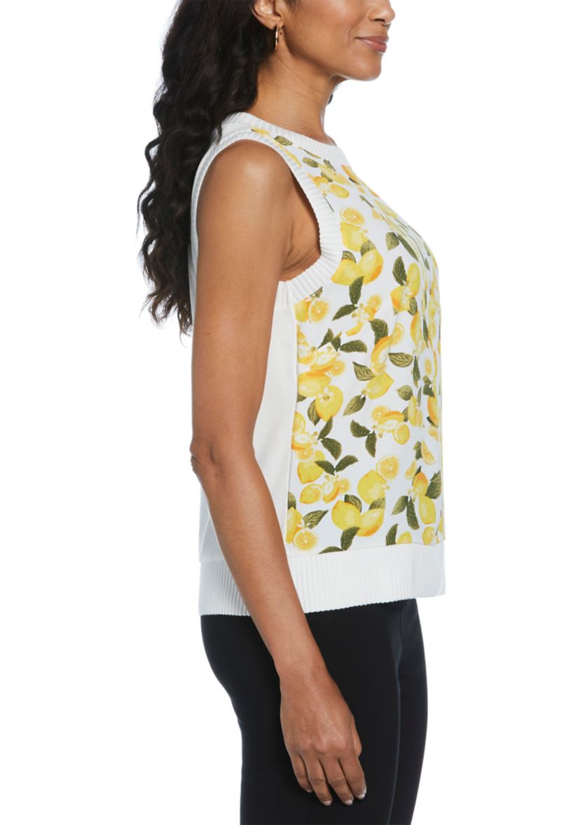Womens Lemon Print Woven Front Sleeveless Shell Top