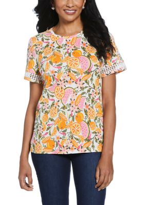 ELLA Rafaella Women's Fruit Print Dot Lace Trim Short Sleeve T-Shirt, White, XL