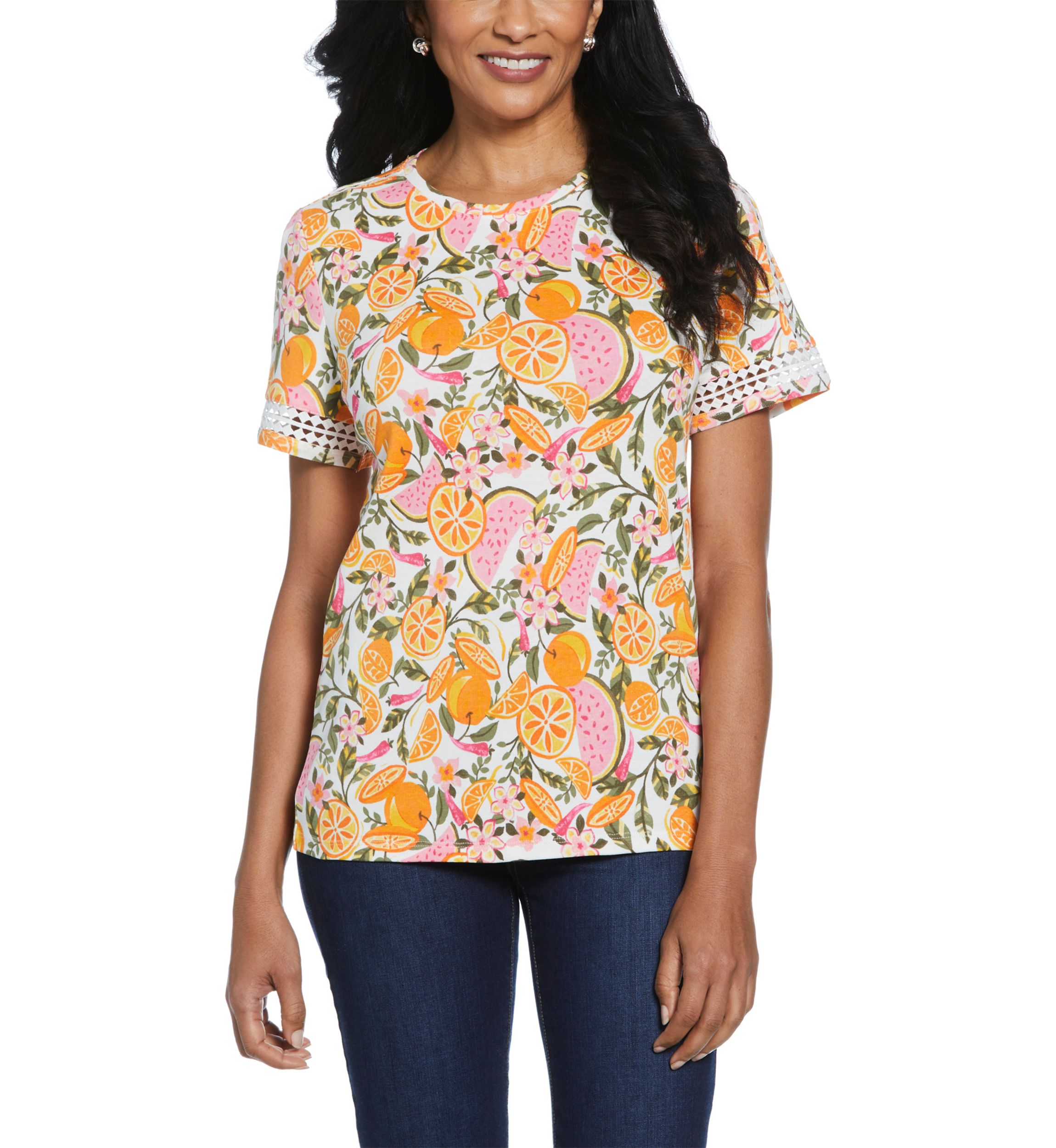 Womens Fruit Print Dot Lace Trim Short Sleeve T-Shirt