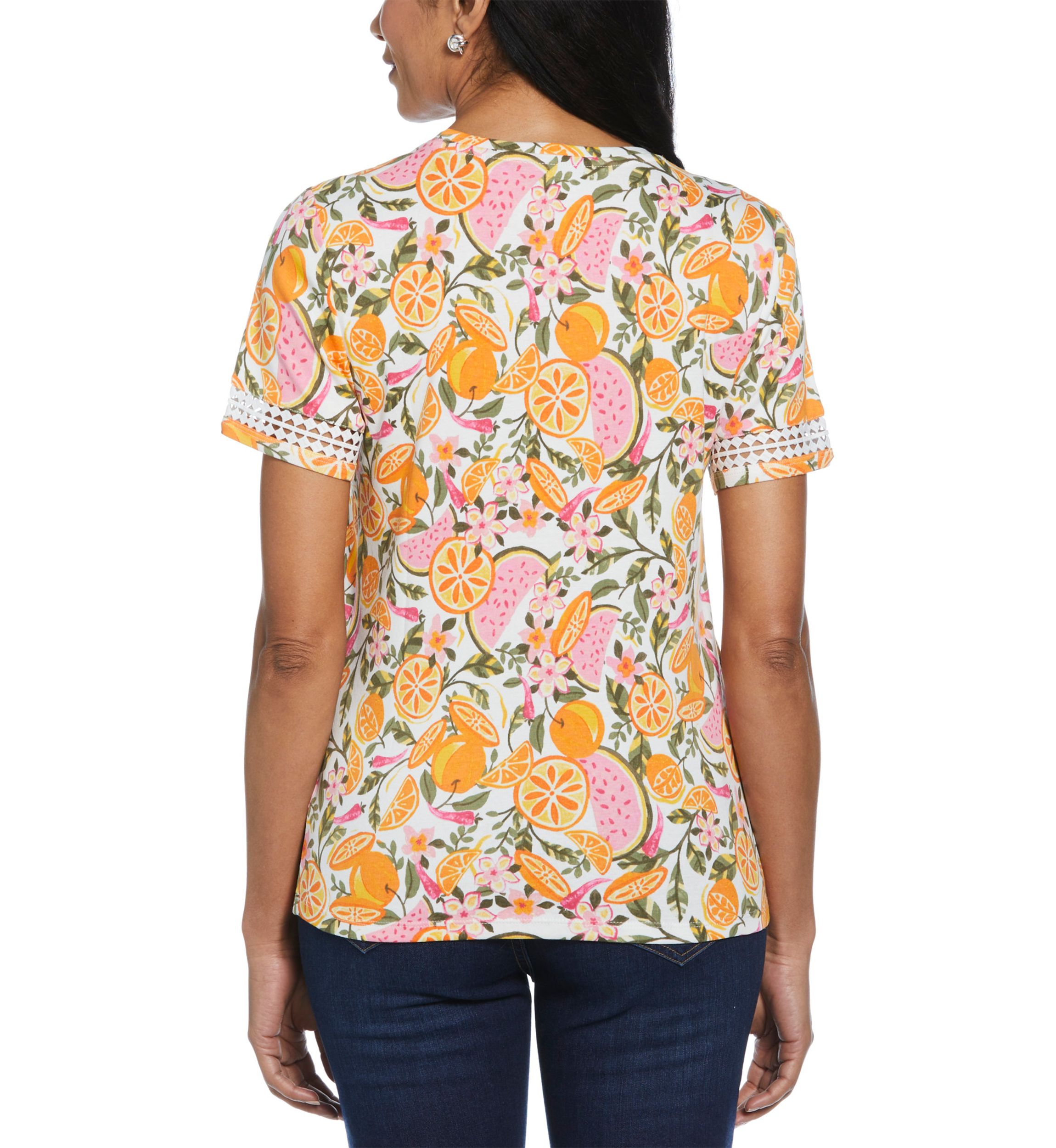 Womens Fruit Print Dot Lace Trim Short Sleeve T-Shirt