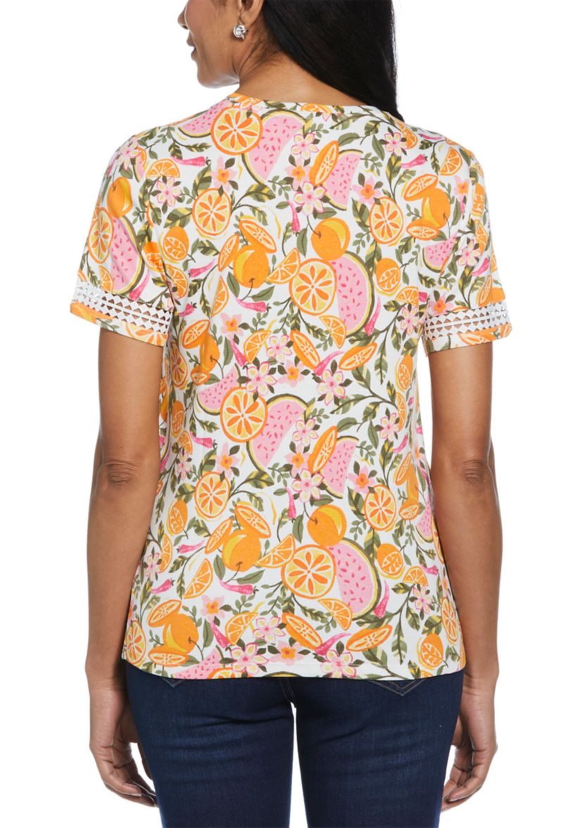 Womens Fruit Print Dot Lace Trim Short Sleeve T-Shirt