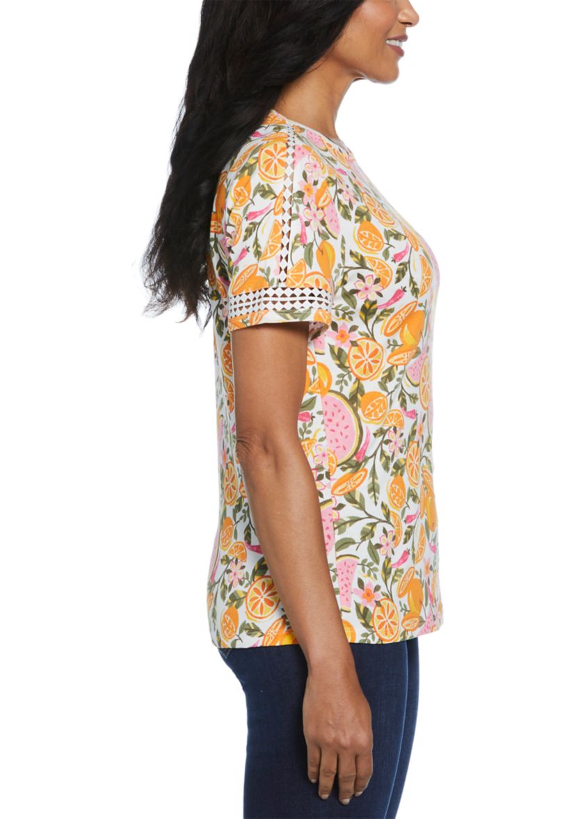 Womens Fruit Print Dot Lace Trim Short Sleeve T-Shirt
