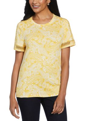 ELLA Rafaella Women's Paisley Print Dot Lace Trim Short Sleeve T-Shirt, XL