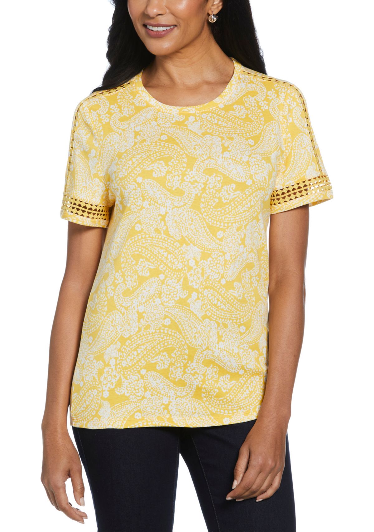 Womens Paisley Print Dot Lace Trim Short Sleeve T-Shirt