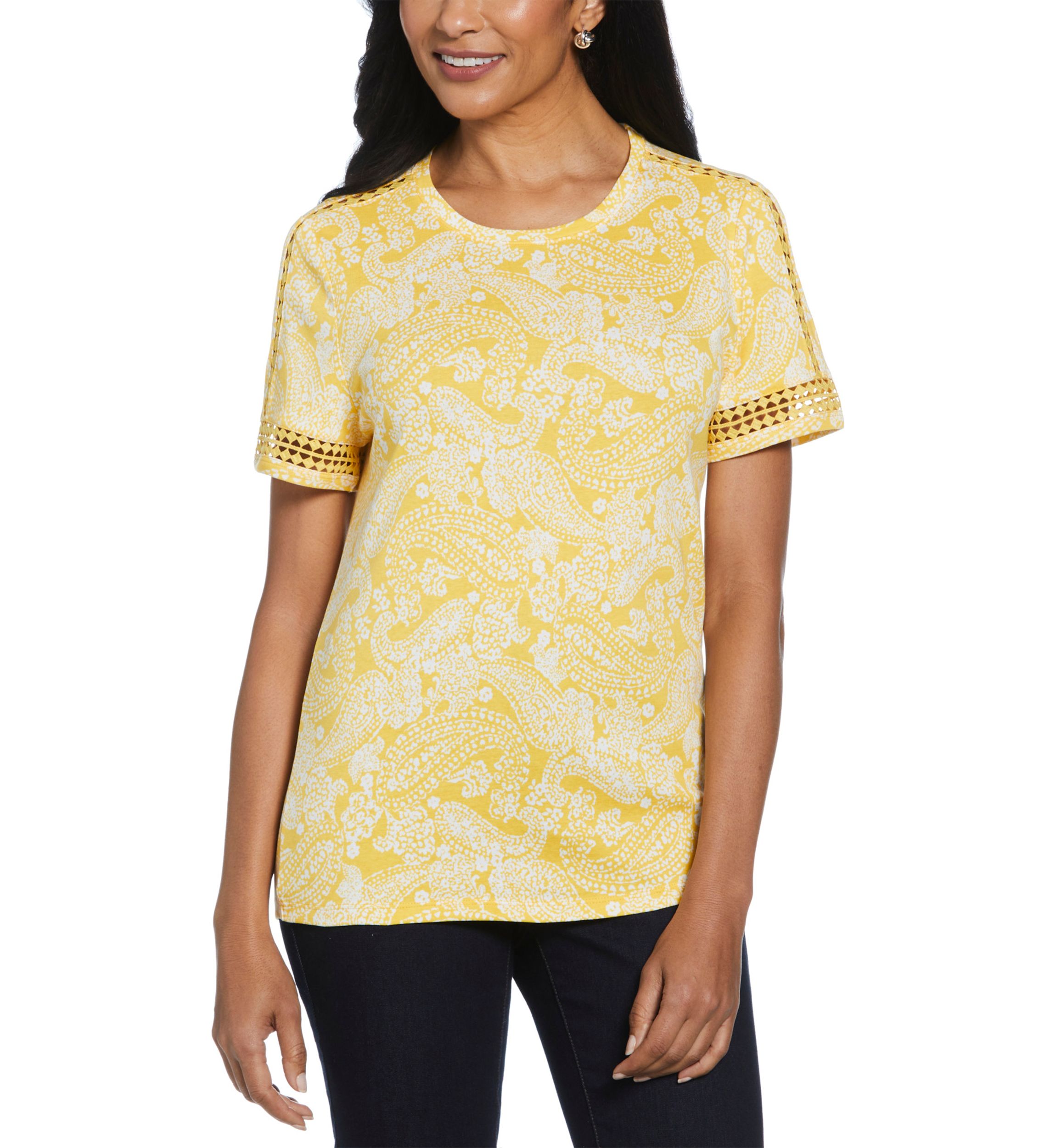 Womens Paisley Print Dot Lace Trim Short Sleeve T-Shirt