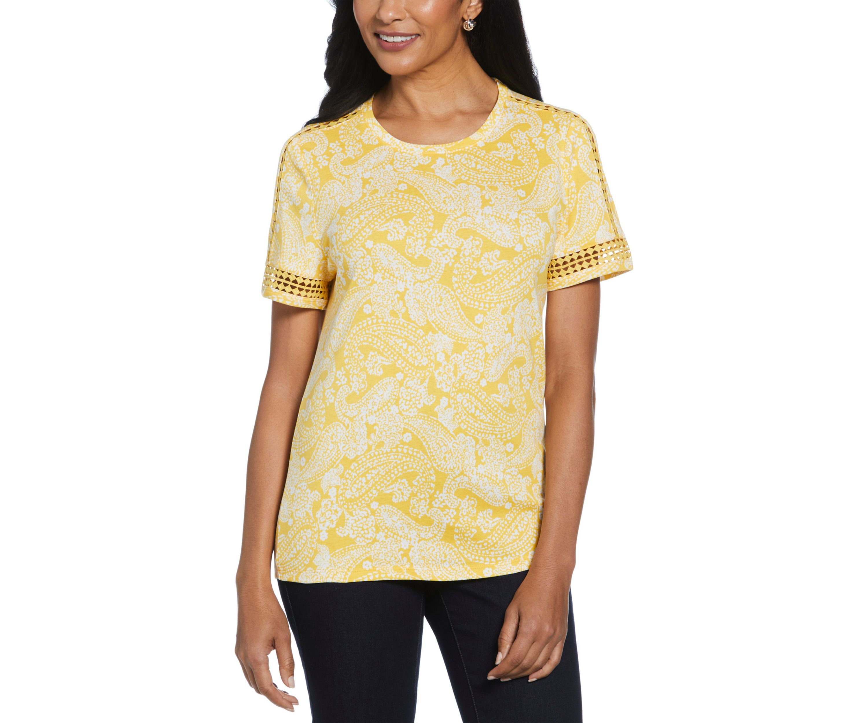 Womens Paisley Print Dot Lace Trim Short Sleeve T-Shirt