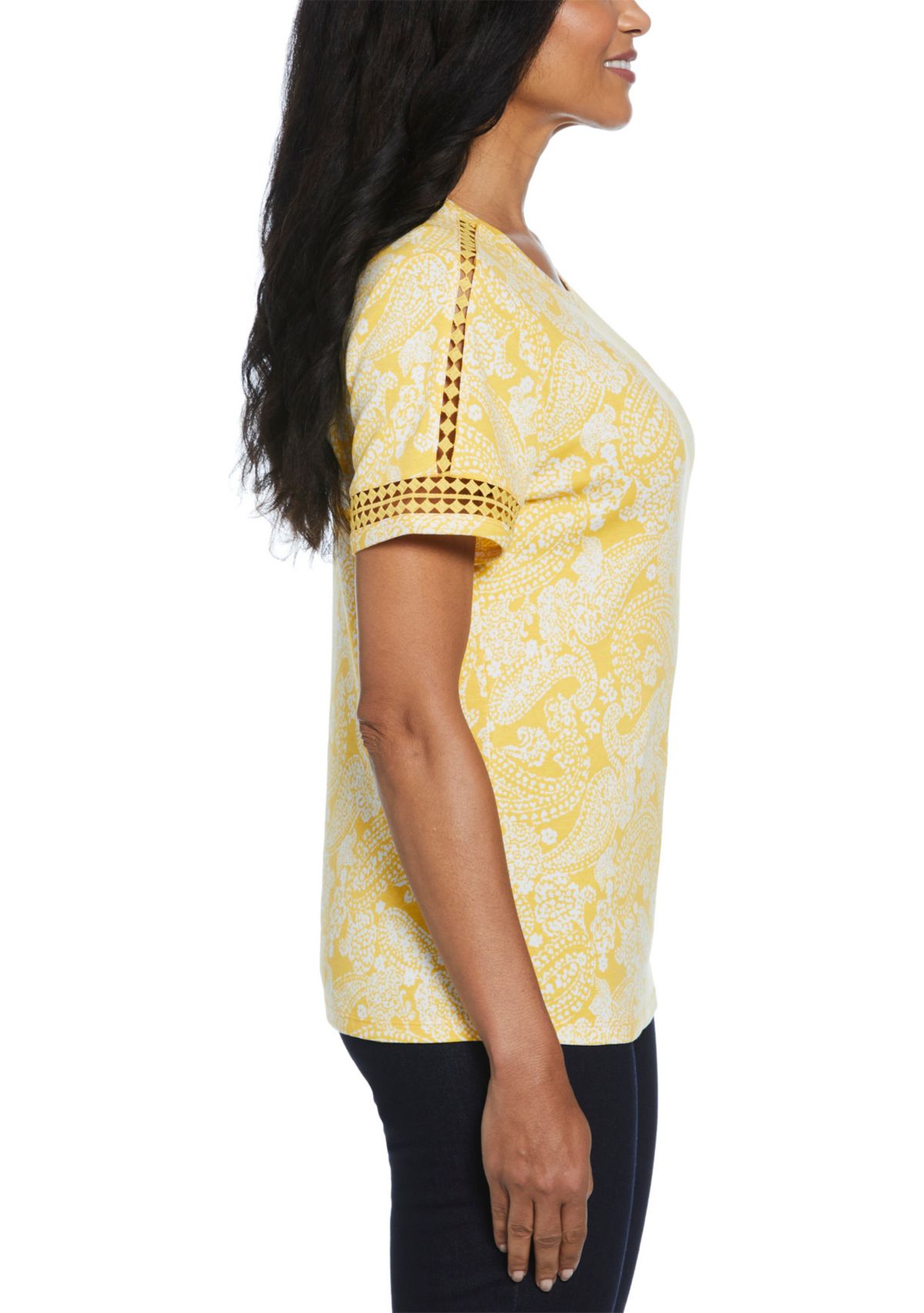 Womens Paisley Print Dot Lace Trim Short Sleeve T-Shirt