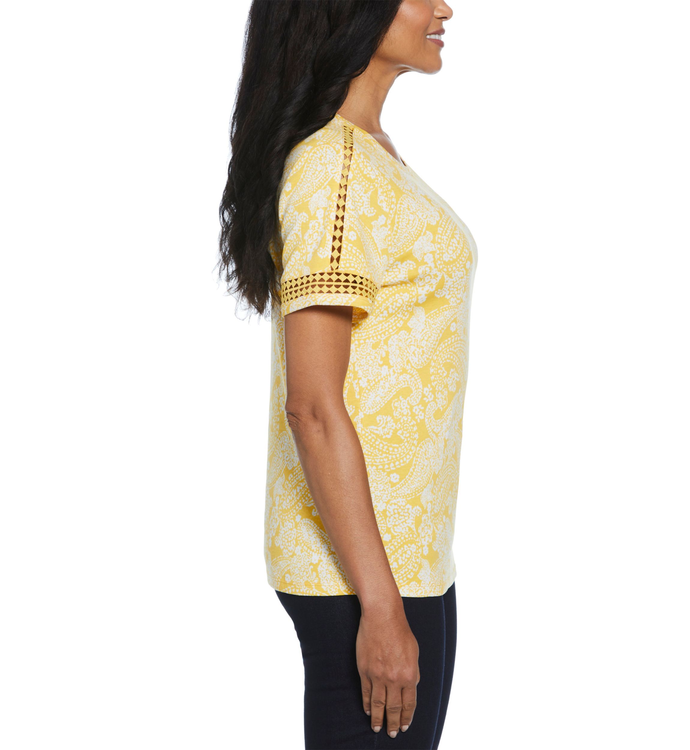 Womens Paisley Print Dot Lace Trim Short Sleeve T-Shirt