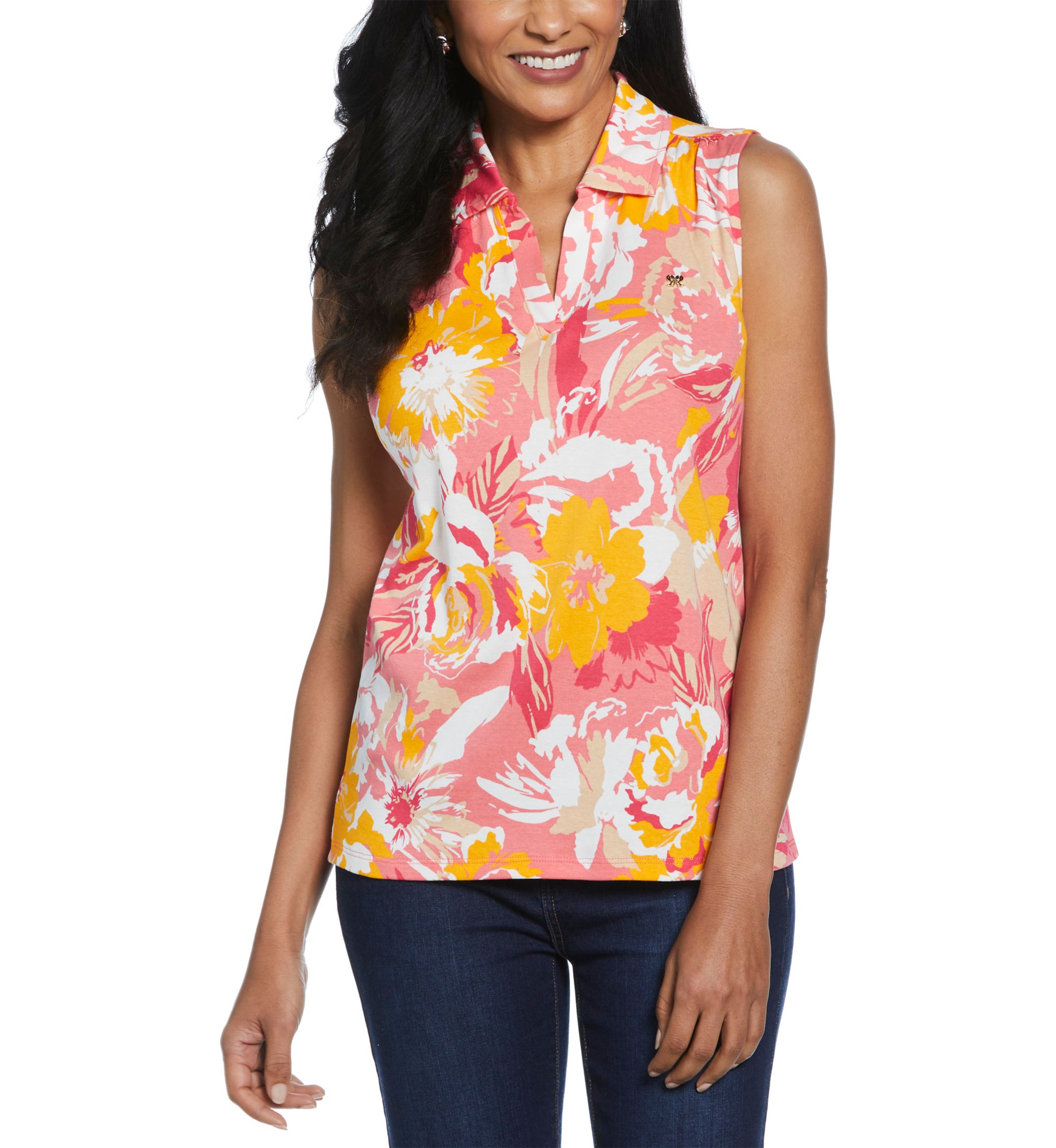 Womens Floral Printed Ribbed Sleeveless Polo Shirt