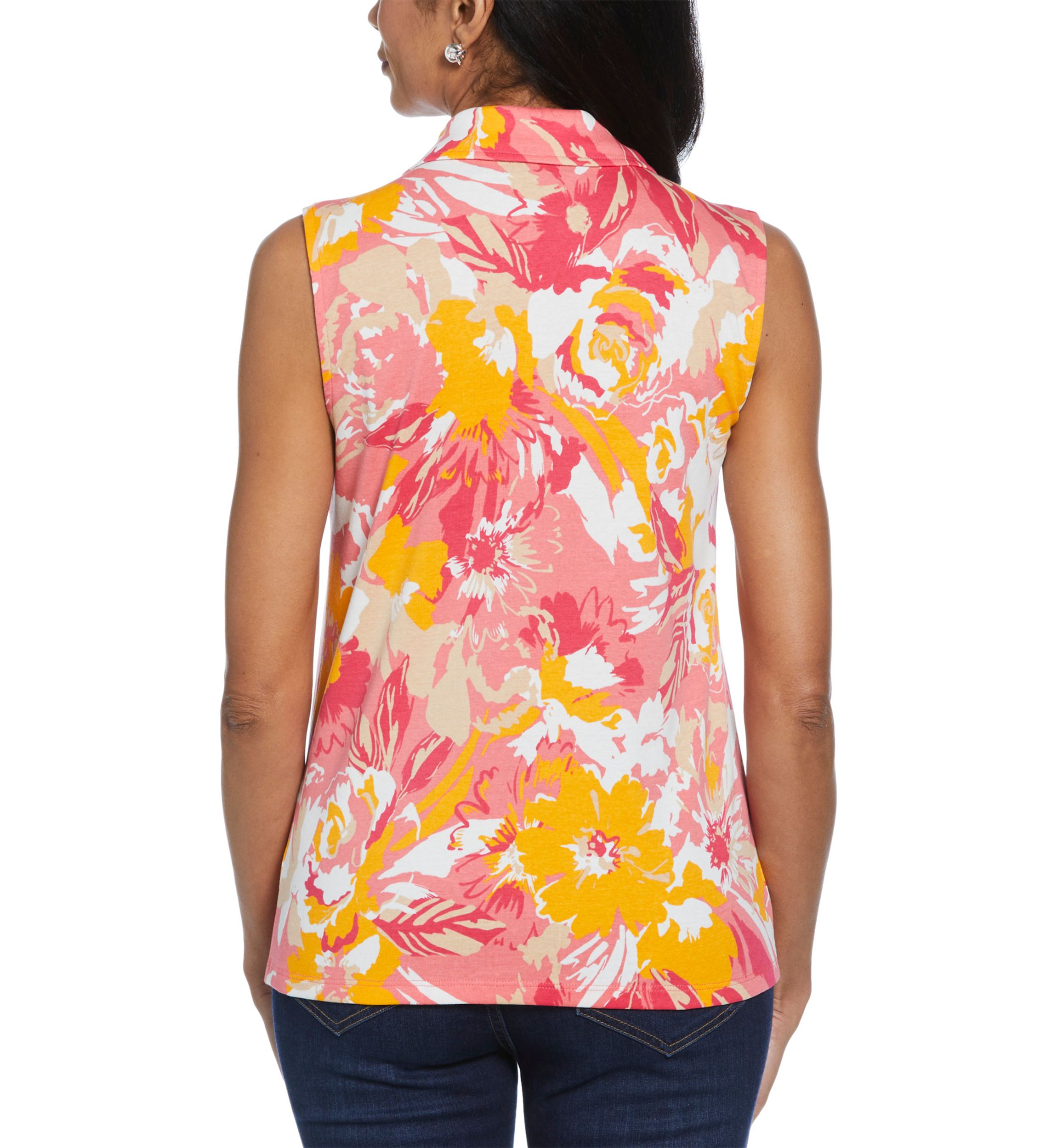 Womens Floral Printed Ribbed Sleeveless Polo Shirt