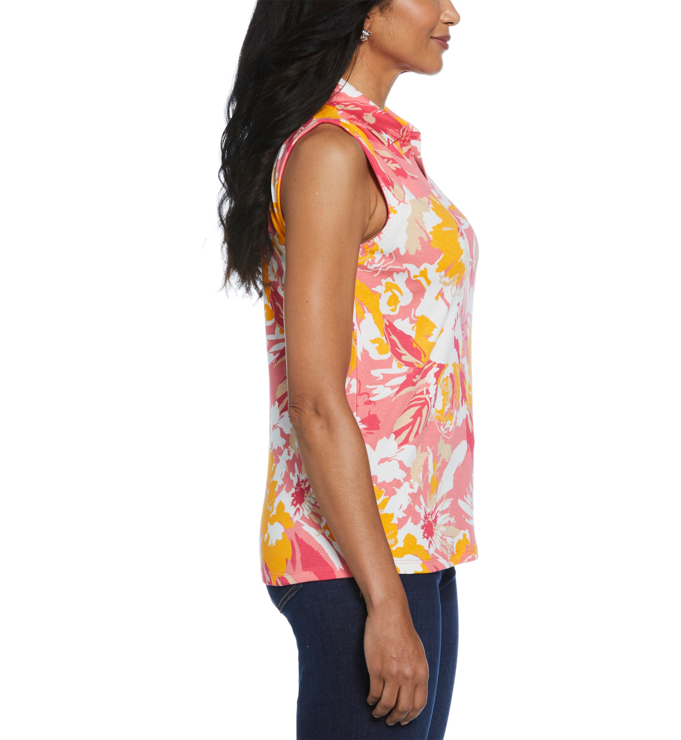 Womens Floral Printed Ribbed Sleeveless Polo Shirt
