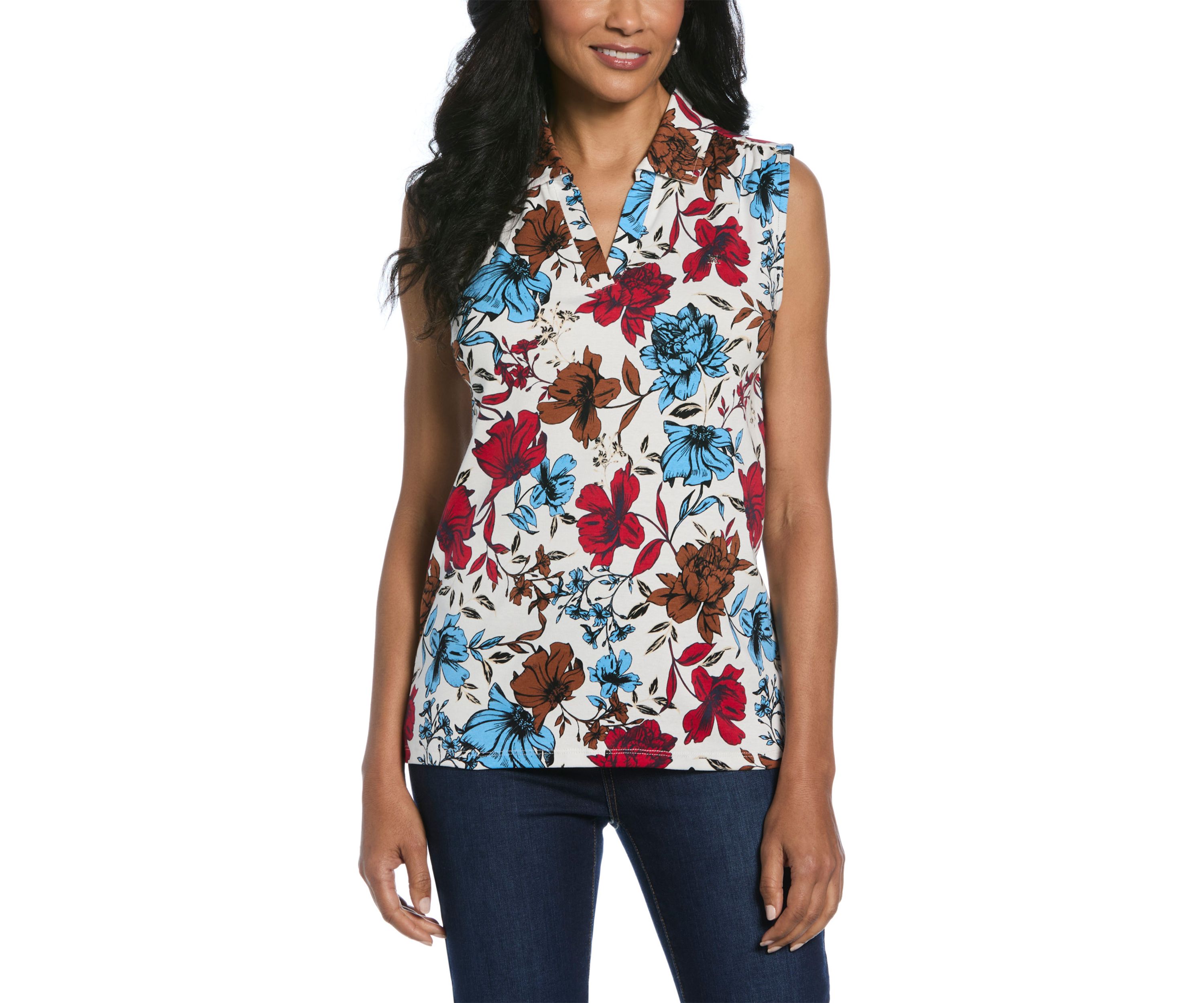 Womens Bouquet Print Collar Sleeveless Polo Shirt