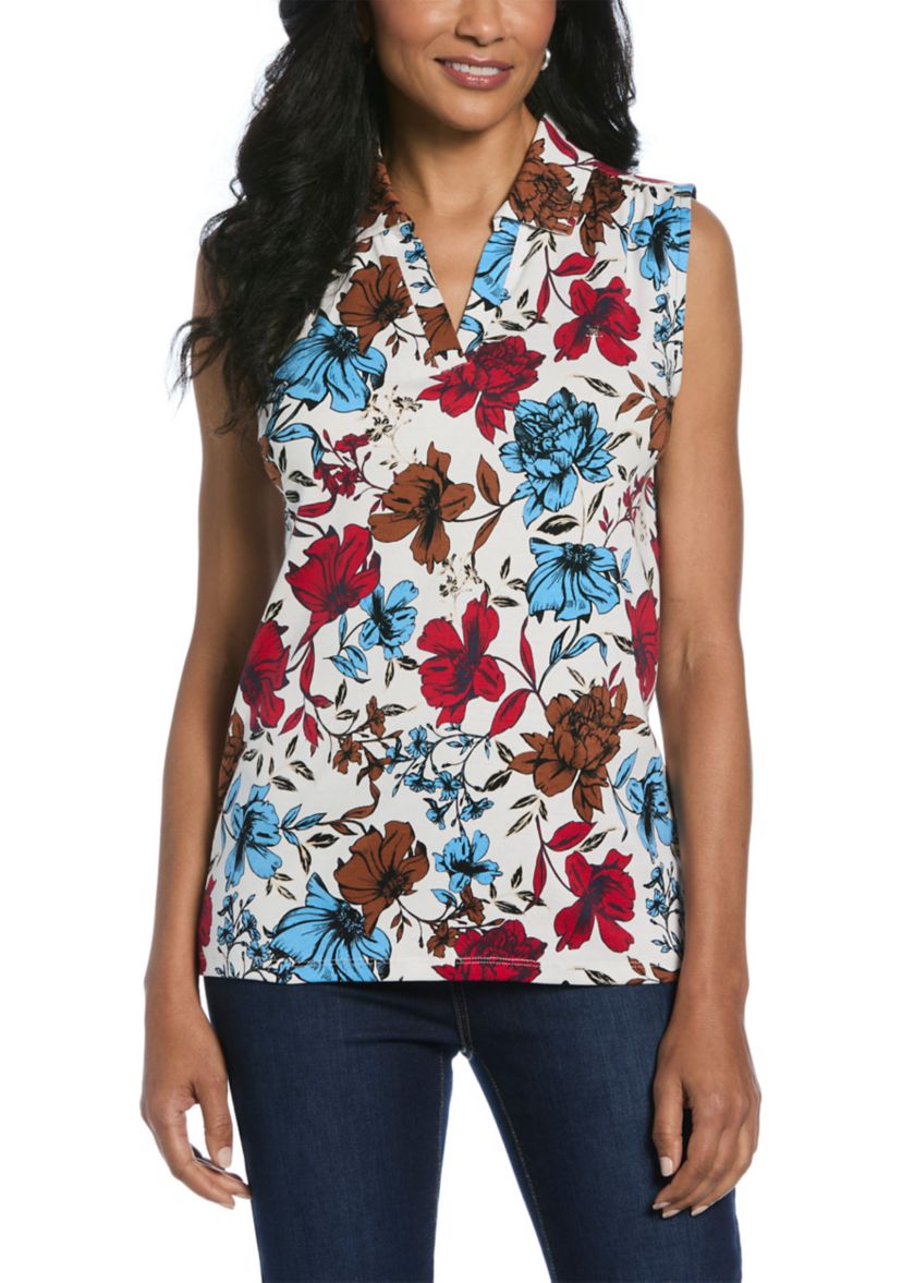 Womens Bouquet Print Collar Sleeveless Polo Shirt