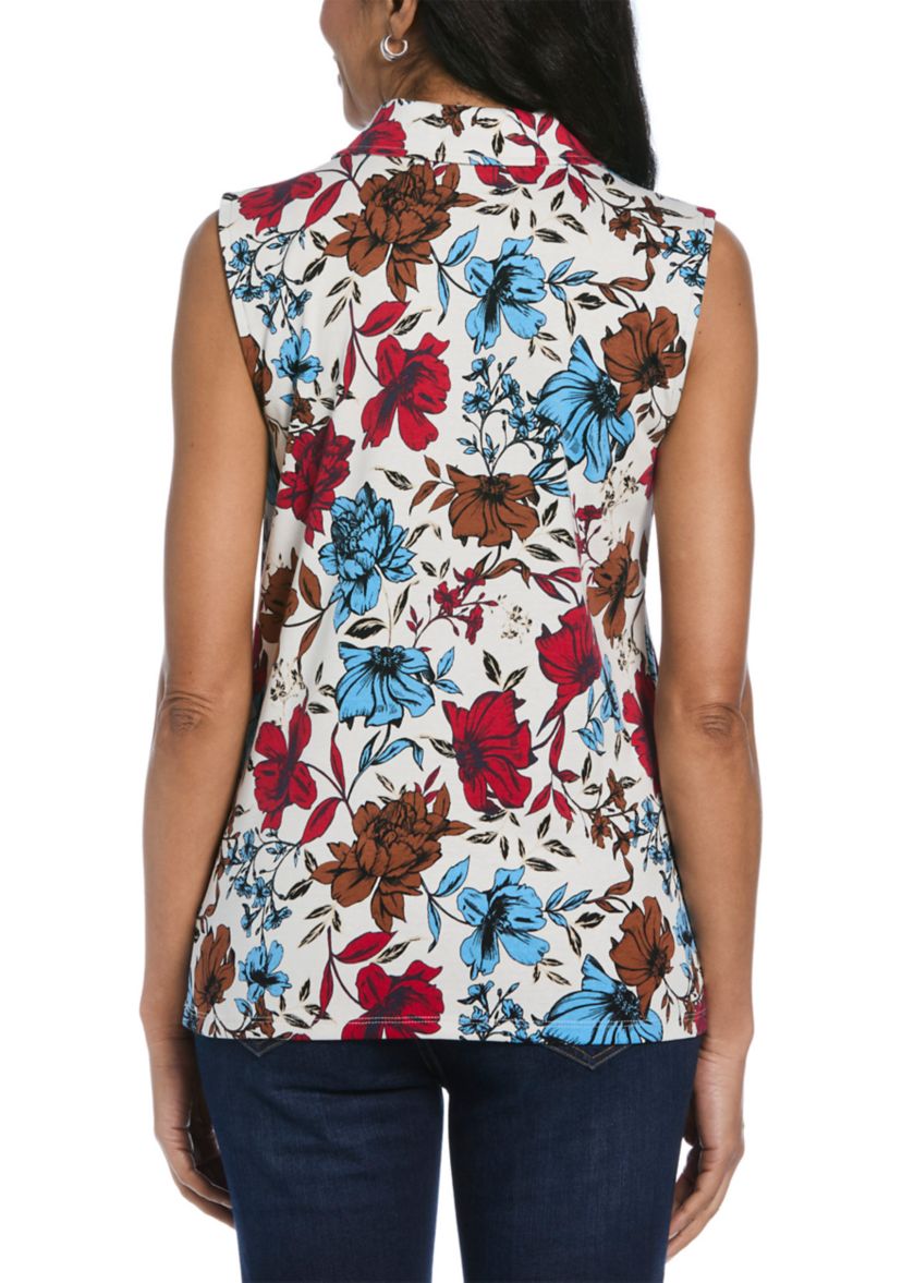 Womens Bouquet Print Collar Sleeveless Polo Shirt