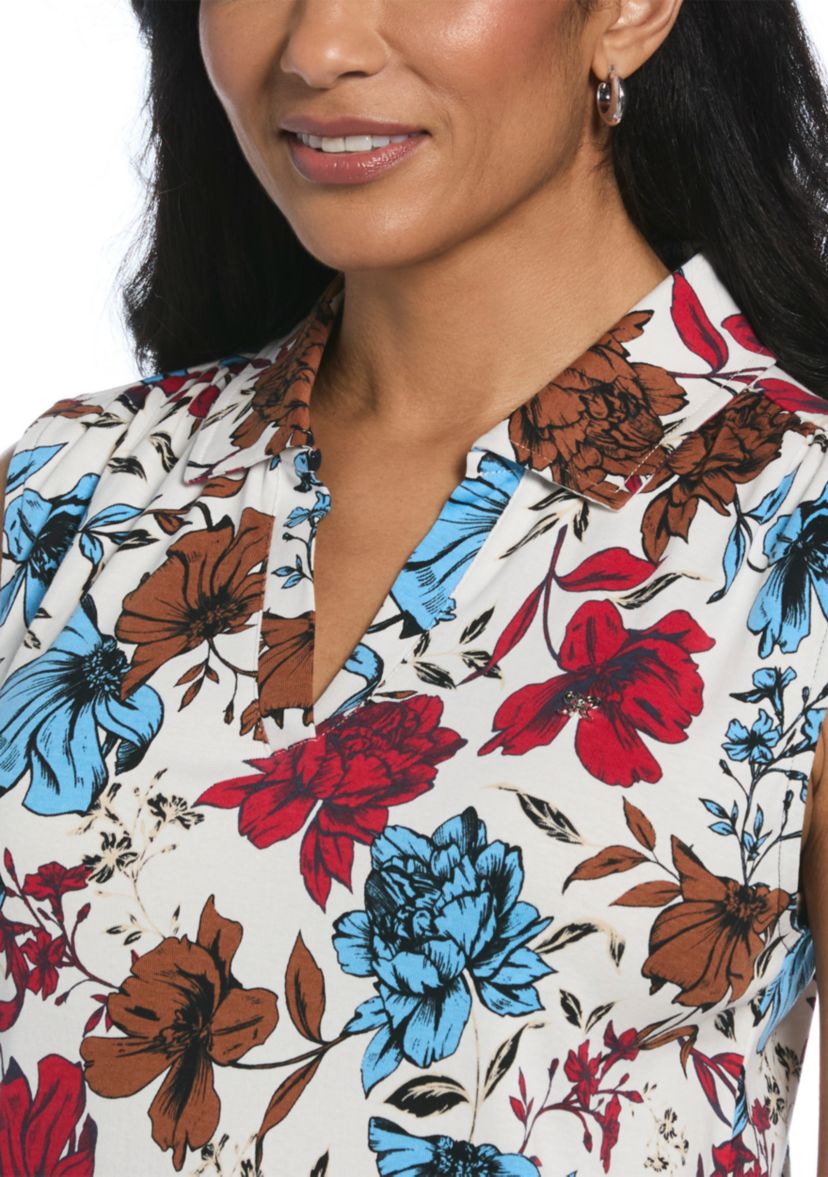 Womens Bouquet Print Collar Sleeveless Polo Shirt