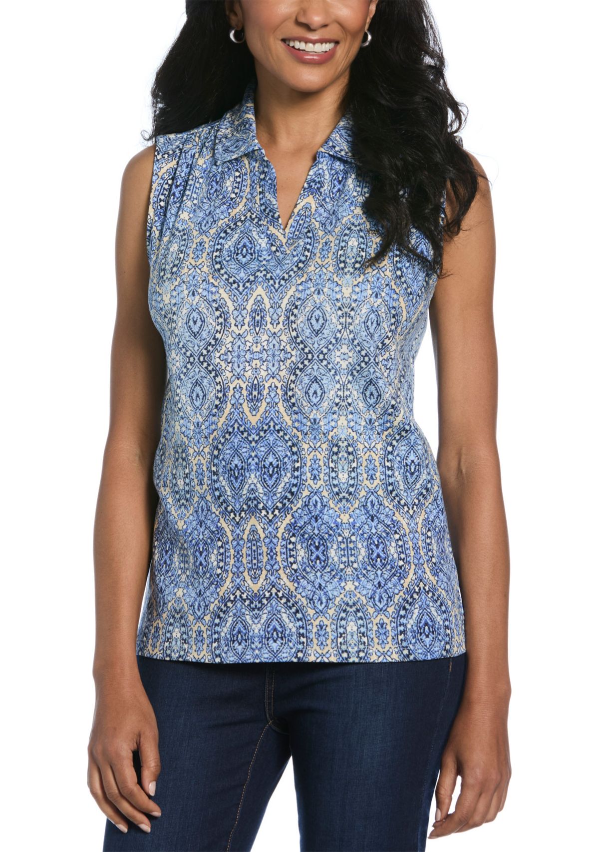 Womens Scroll Print V-Neck Sleeveless Polo Shirt