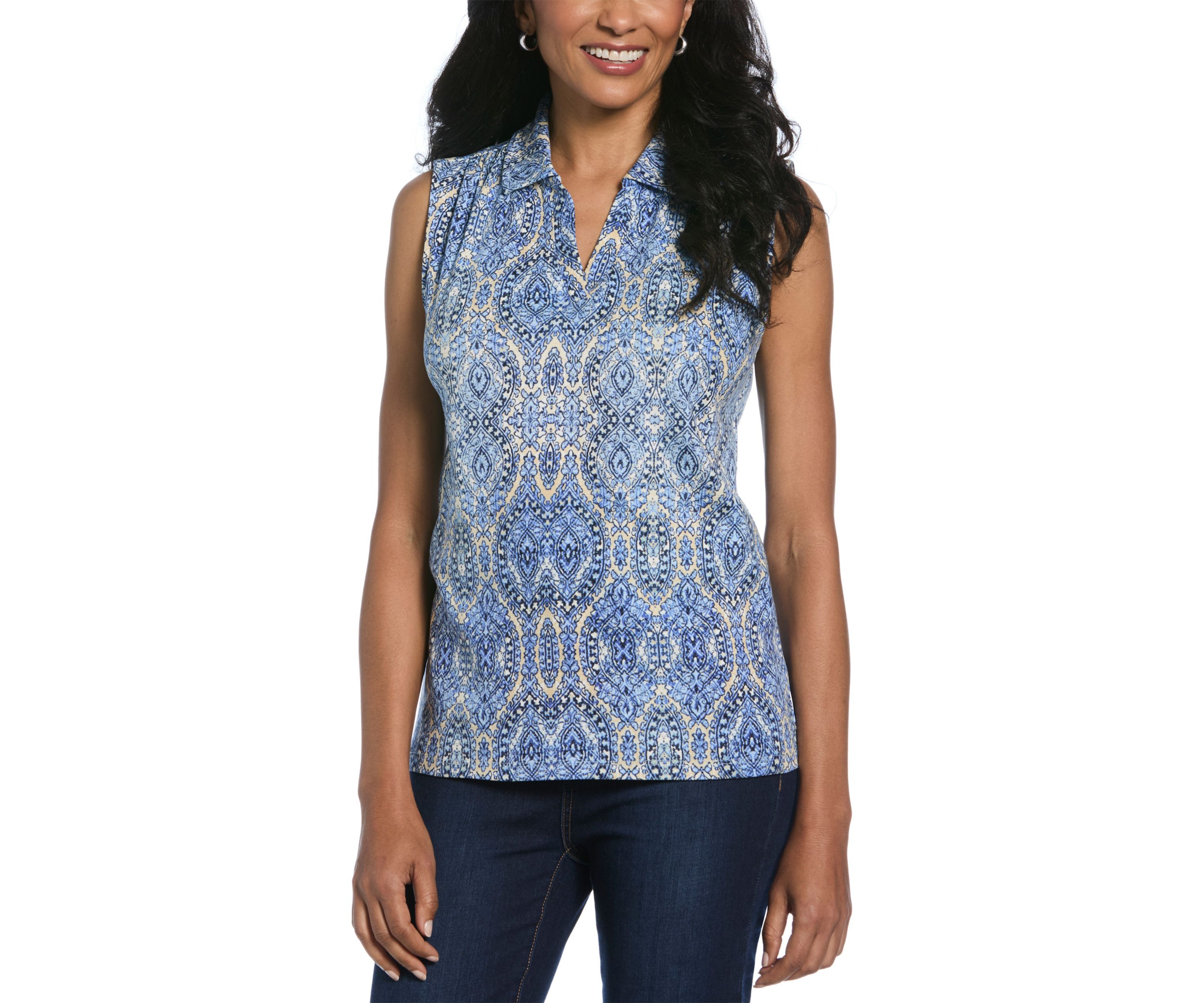 Womens Scroll Print V-Neck Sleeveless Polo Shirt