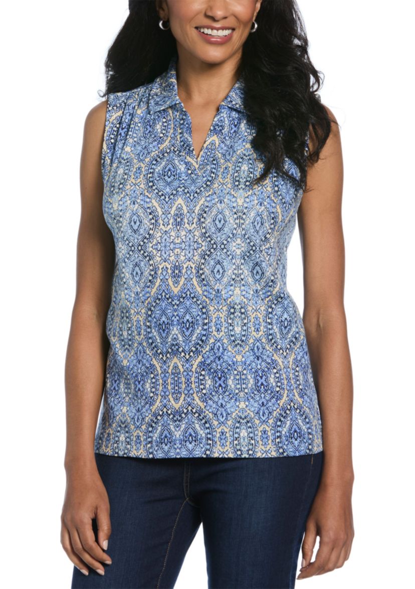 Womens Scroll Print V-Neck Sleeveless Polo Shirt