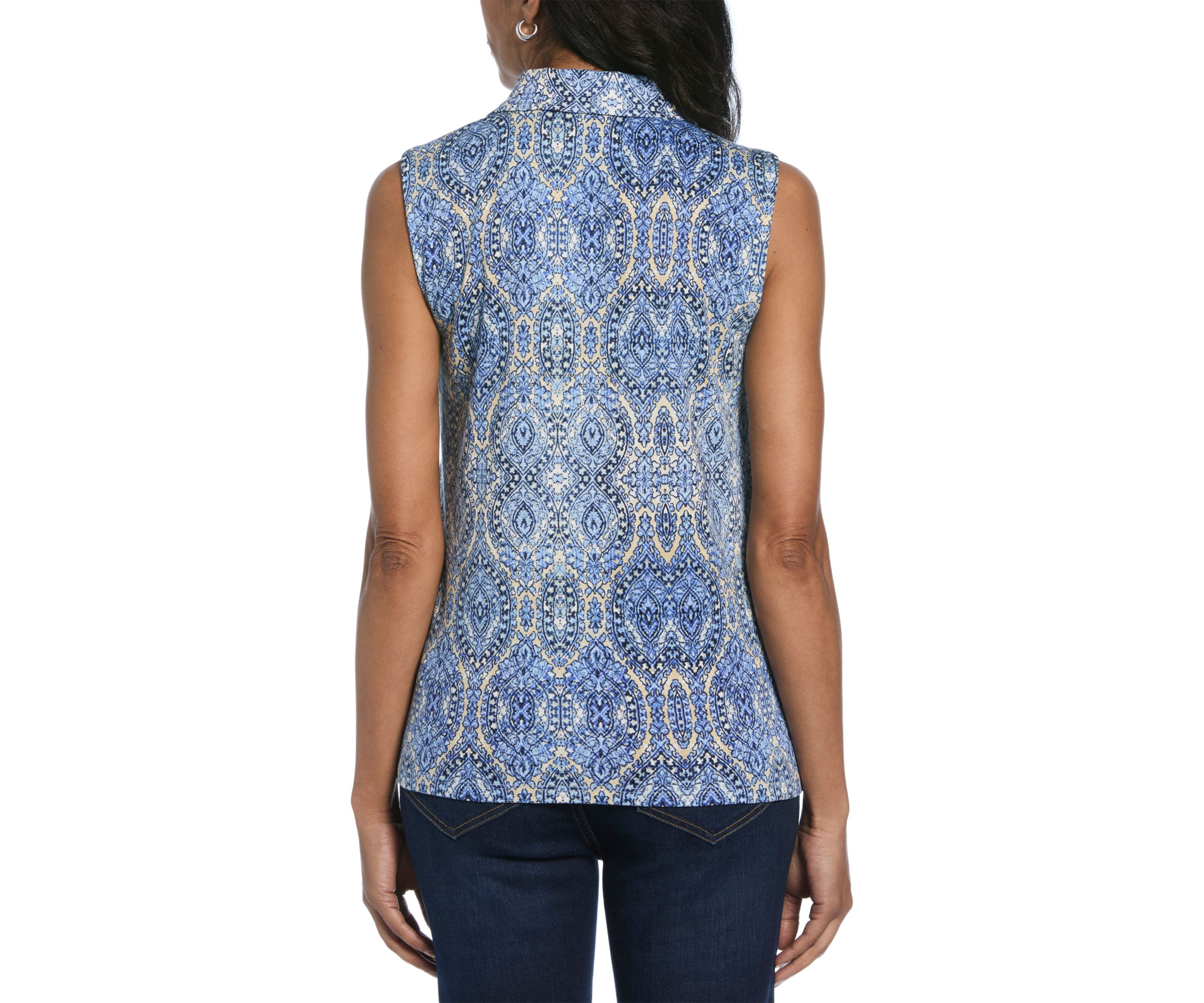 Womens Scroll Print V-Neck Sleeveless Polo Shirt