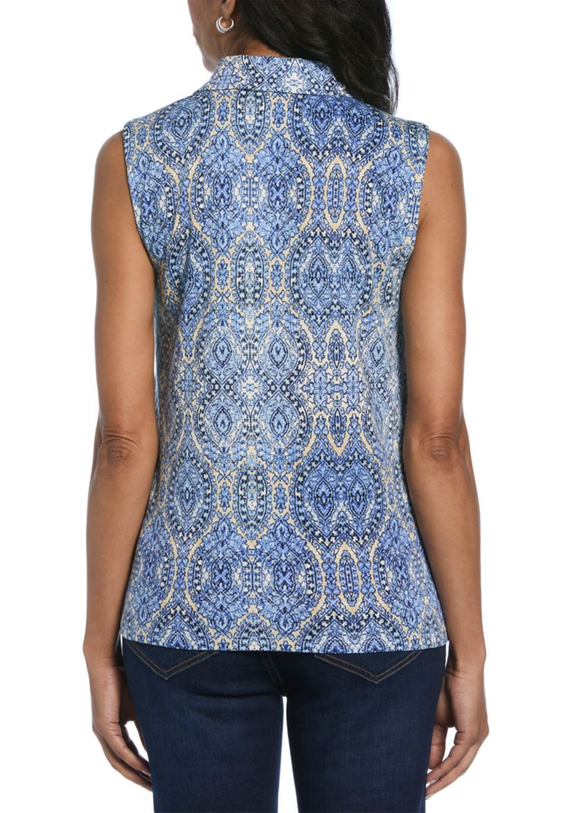 Womens Scroll Print V-Neck Sleeveless Polo Shirt