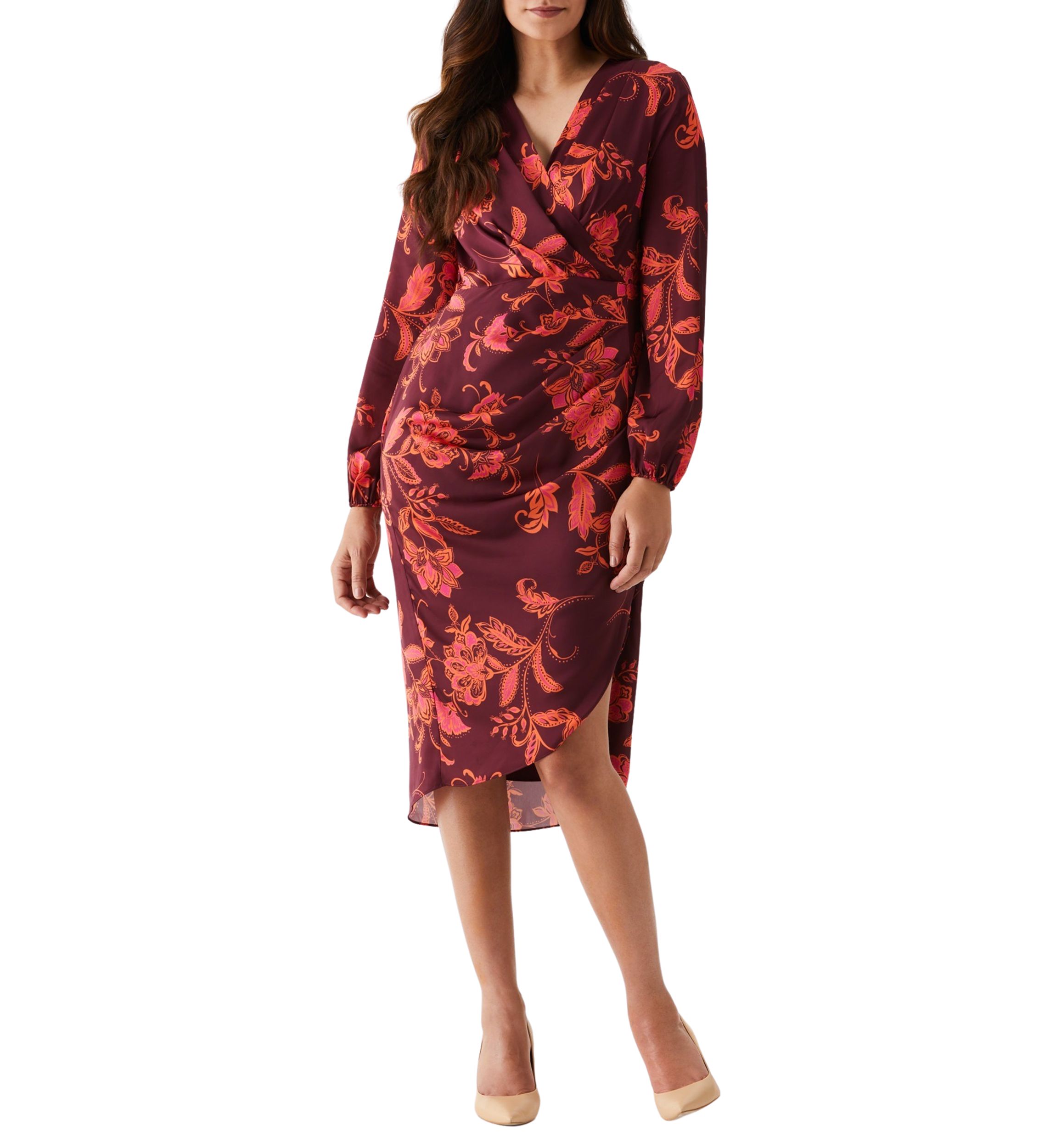 Womens Faux Wrap Long Sleeve Midi Dress