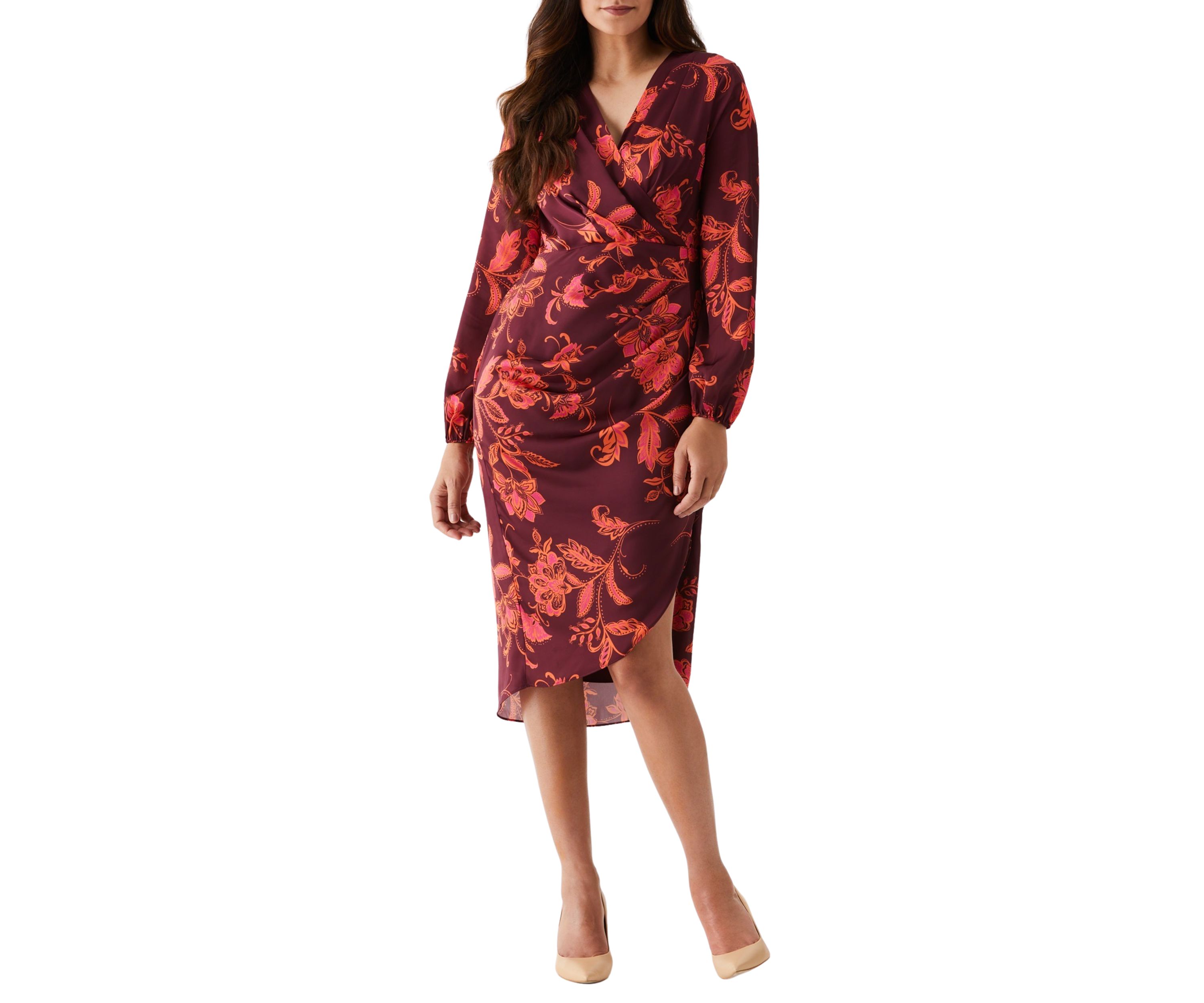 Womens Faux Wrap Long Sleeve Midi Dress